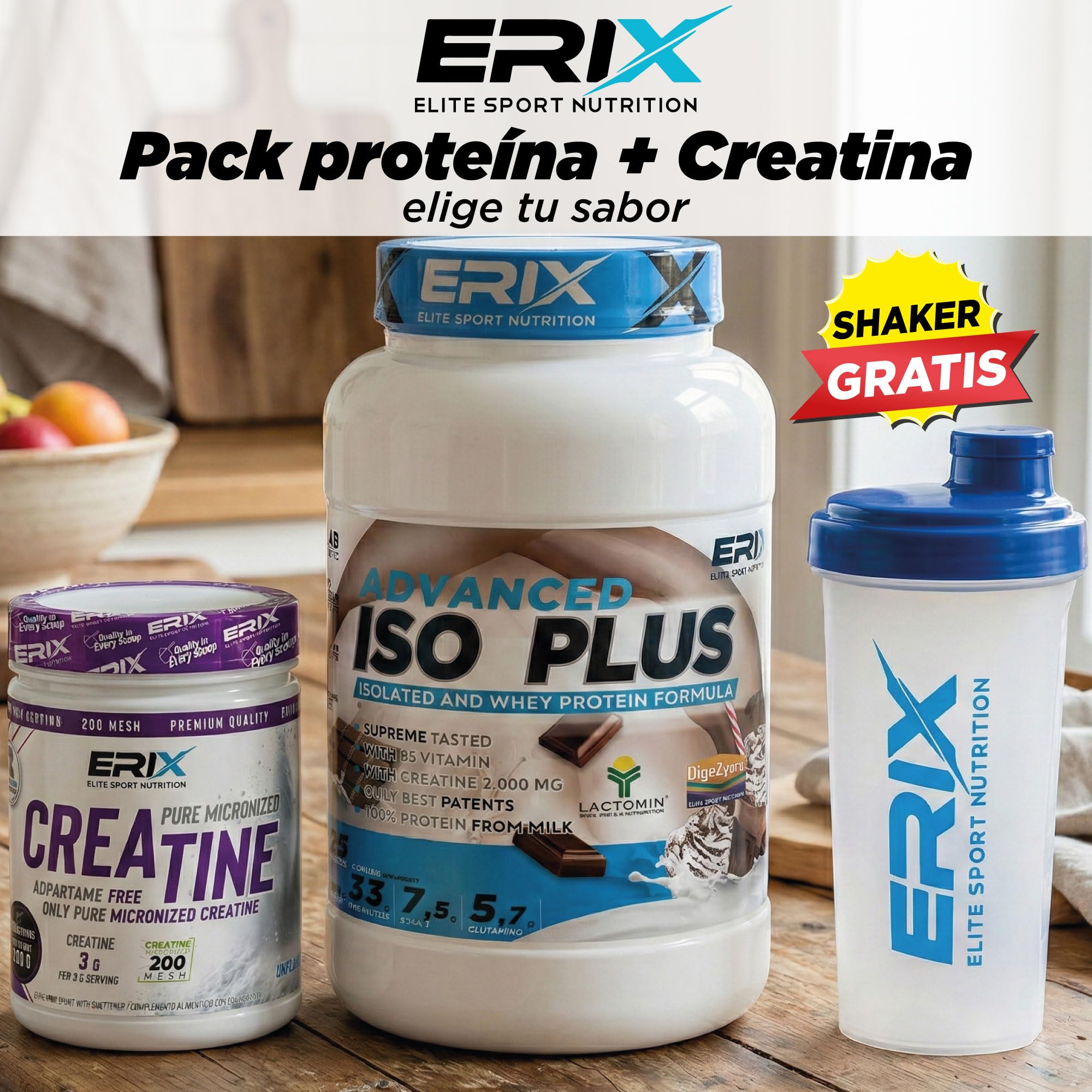 ERIX Nutrición Pack ISO Advanced Plus 1kg+ Creatina Monohidrato 500g+ Shaker Blanco, Proteína Aislada Isolate para Recuperación y Crecimiento Muscular, Musculación (Fresa)