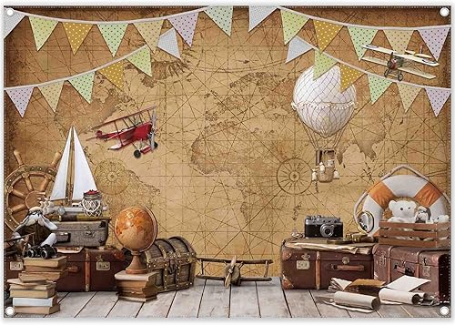 YCUCUEI Telón de 10 x 8 pies, diseño de mapa del mundo, telón de fondo de fotografía, avión de aventura, globo de aire caliente, fondo vintage,