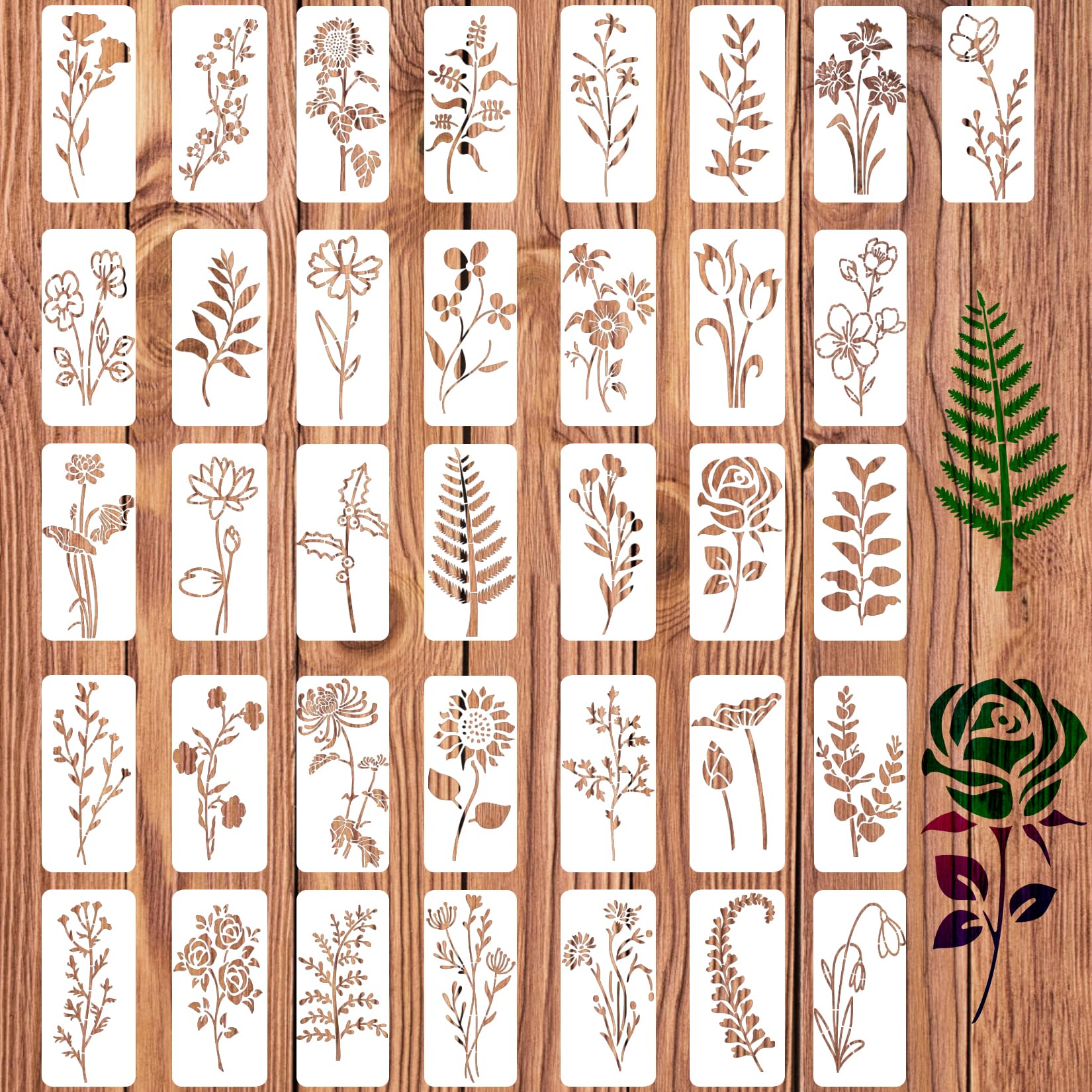 36Pcs Flower Stencils for Painting on Wood, Reusable Leaf Stencils Crafts Templates Drawing Stencil for Painting on Wood, Wall, Furniture（6 x 3 Inch）