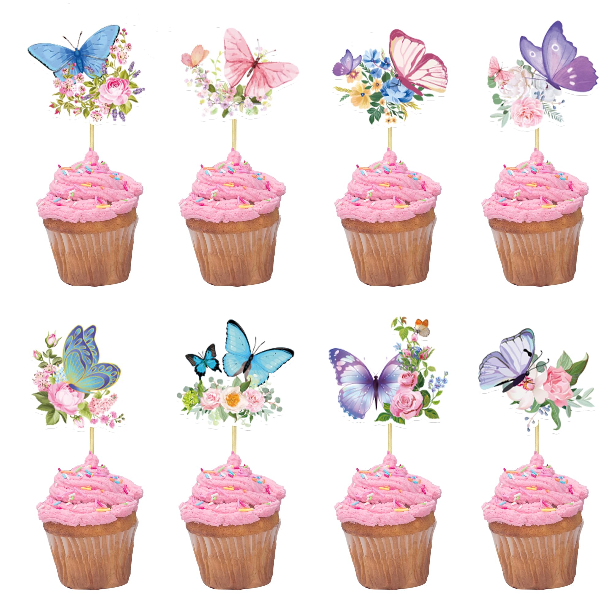 24Pcs Butterfly Flower Cupcake Toppers, Wildflower Cupcake Toppers Baby Shower Girl Butterfly Flower Floral Birthday Party Decoration Supplies