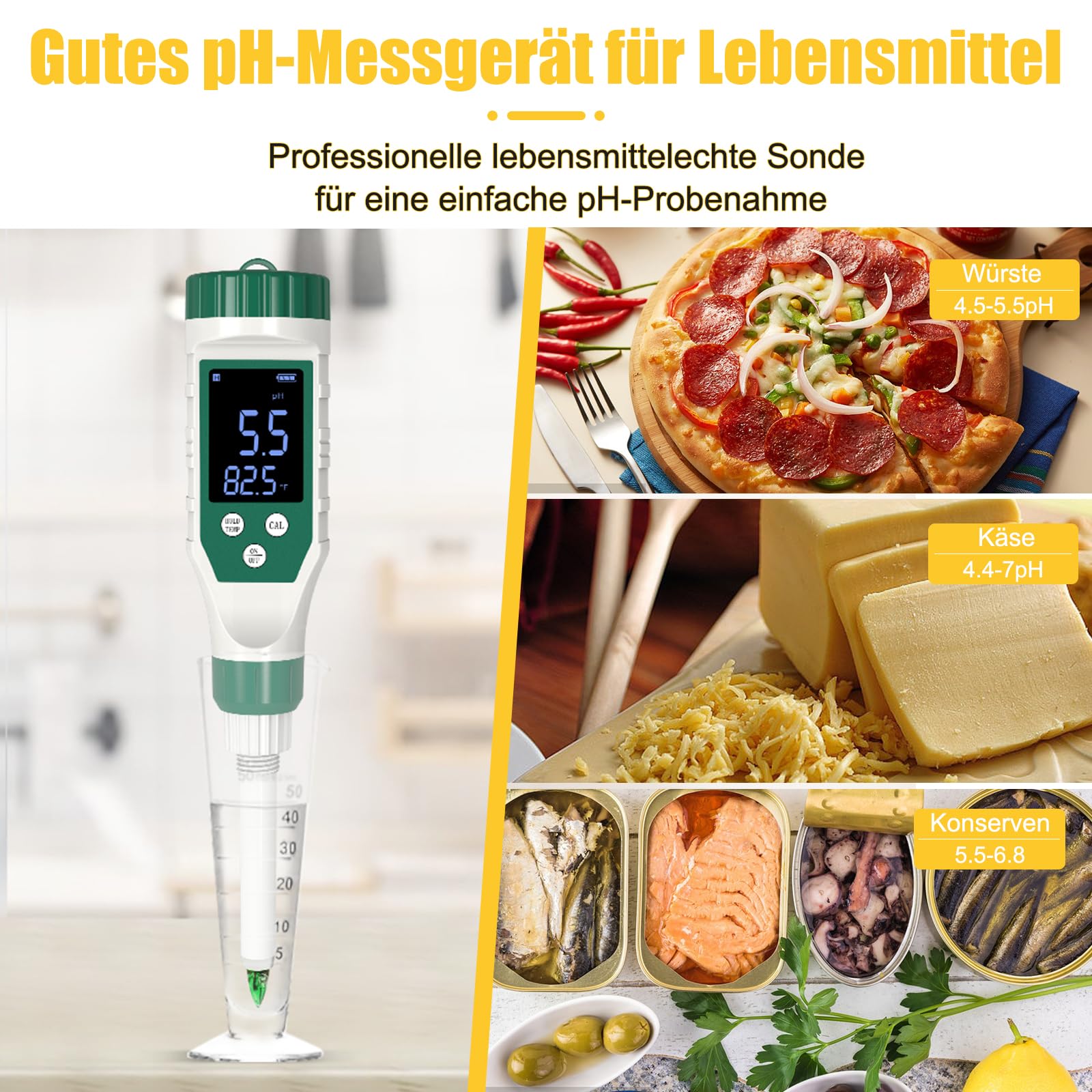pH-mètre, Testeur de pH Numérique pour Aliments avec Sonde de Haute Précision, pH-mètre Étanche pour Viande, Pain, Fromage, Pâte, Crème et Eau