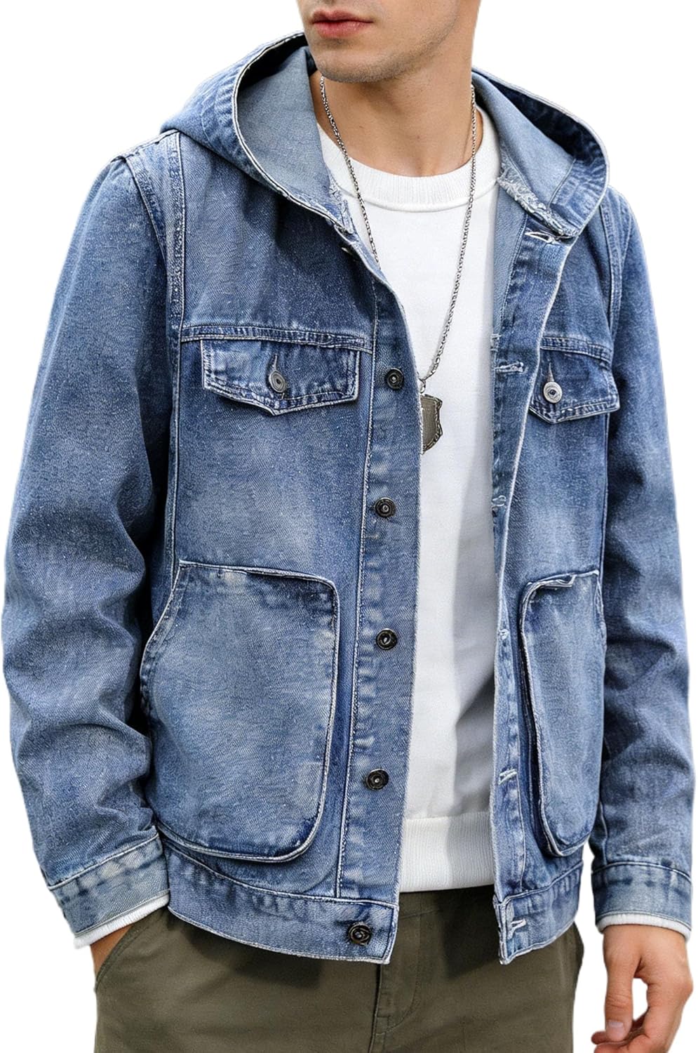 Men Fashion Button Hooded Denim Jacket Classic Jean Jacket with Chest Pocket Spring Lightweight Thin Denim Coat