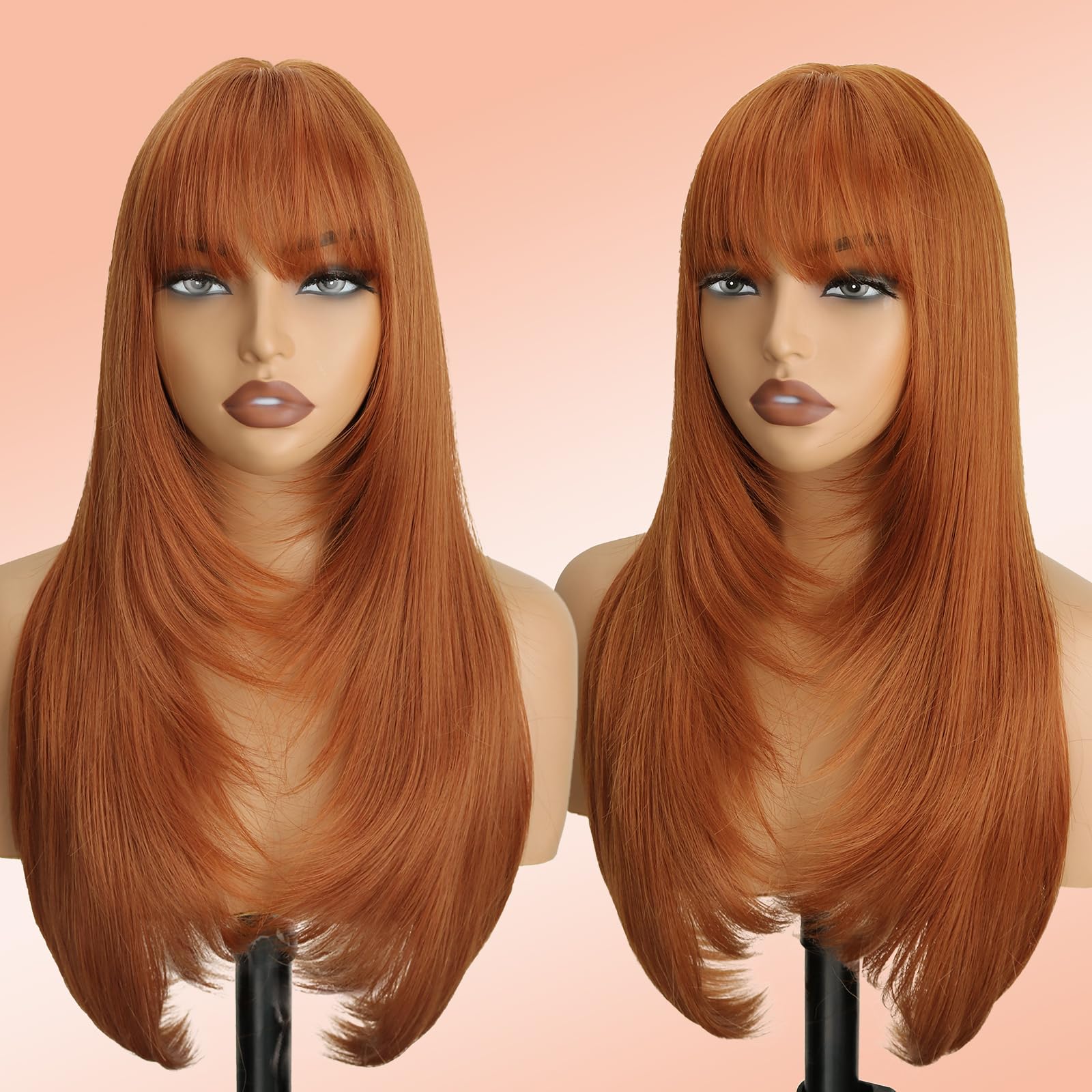 NOVFLKW Ginger Long Straight Layered Wig with Bangs for Women 26 inch Put on Go Realistic Synthetic Heat Resistant Natural Wig for Girls Party Cosplay