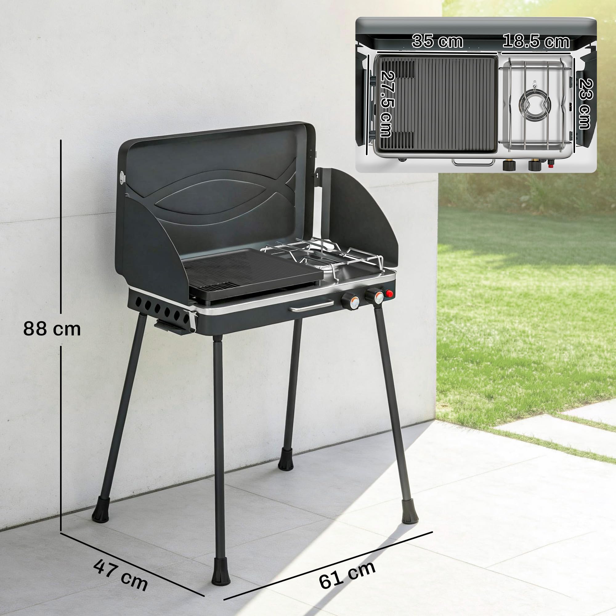 Outsunny Gasgrill Campingkocher 2 in 1 tragbar schwarz | 2 Brenner 7 kW, LPG-Gasgrill mit Platte, abnehmbare Beine, Windschutz, Griff, für BBQ Picknick Garten