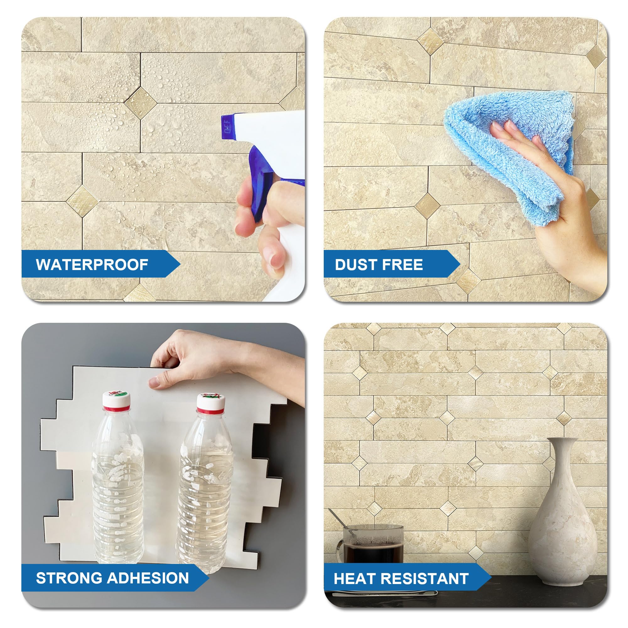 Piastrelle adesive per cucina e bagno, effetto mosaico lineare, opache, impermeabili (10 fogli, beige oro)