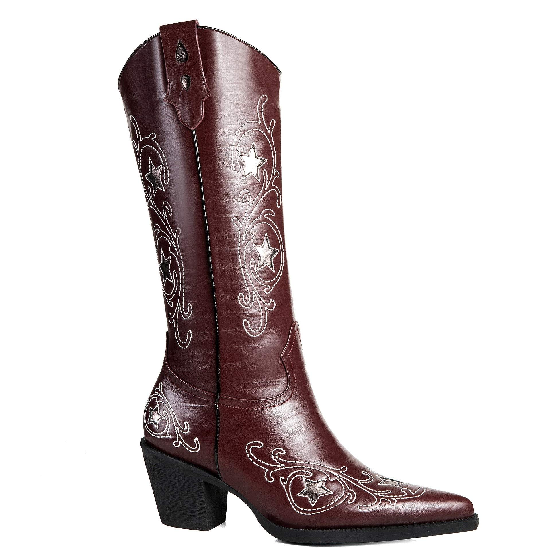 ANN CREEK Women's Stud & Rhinestone Western Boots - Pointed Toe Cowgirl Boots With 2.5 Inch Heel | Brown/Gold