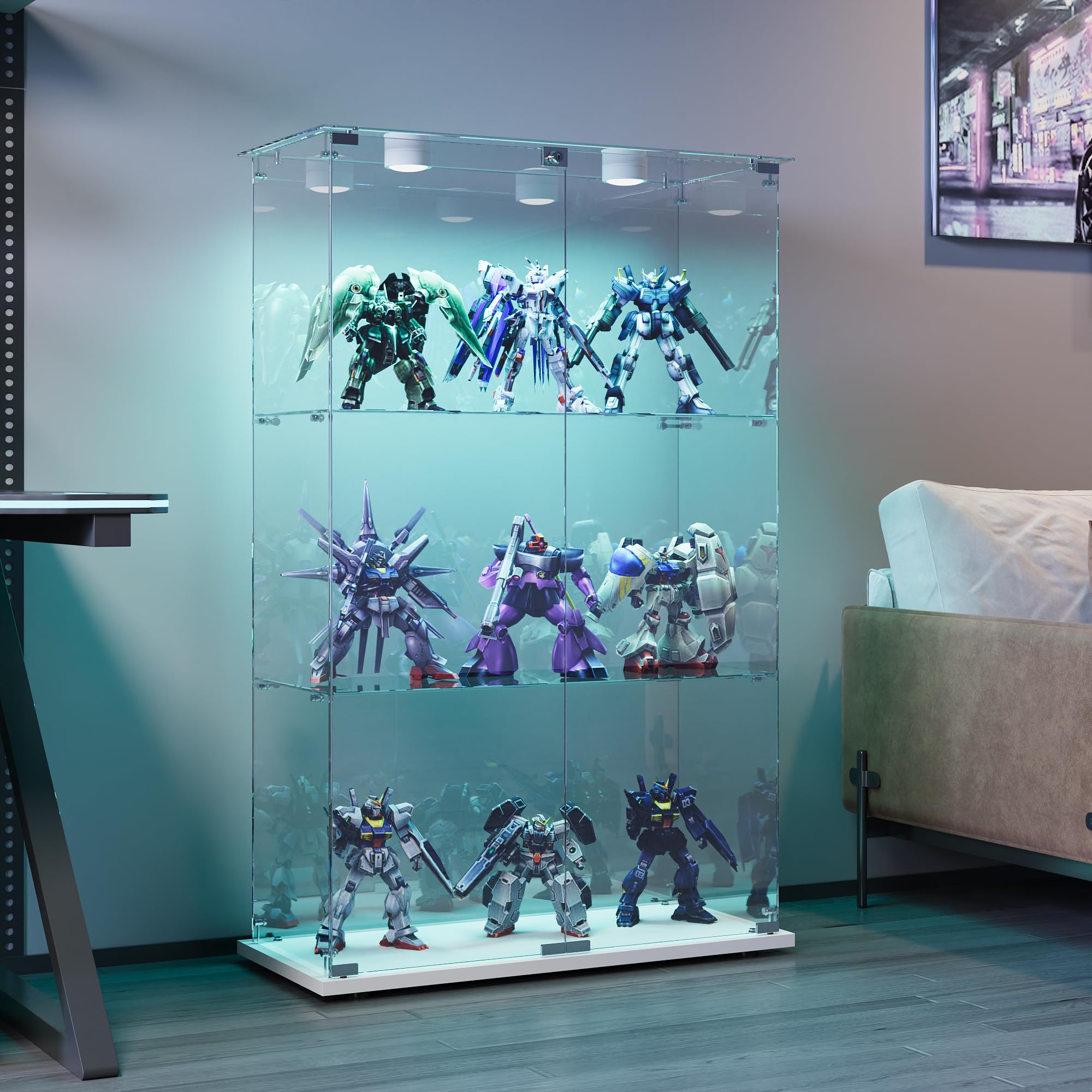 Glasvitrine Standvitrine mit LED Beleuchtung, Glasvitrine Stehend mit 3 Glasböden & 2 Glastüren abschließbar, Vitrinenschrank für Wohnzimmer Büro Sammlerstücke Bücher Wein Weiß