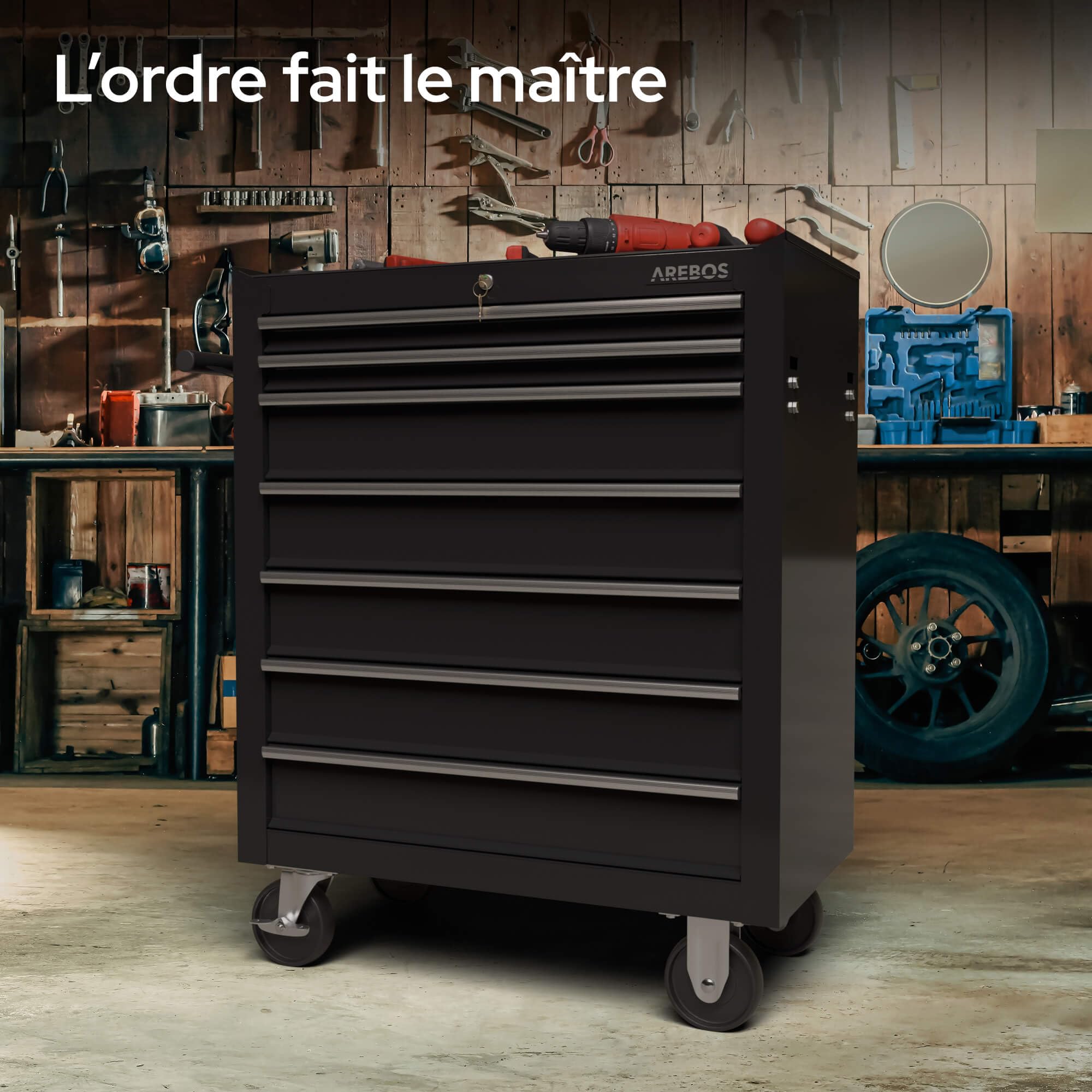 AREBOS Chariot d'atelier | Chariot à Outils | 7 Tiroirs | Verrouillable | 4 roulettes | Tapis antidérapants | Noir | 70 x 33 x 78 cm
