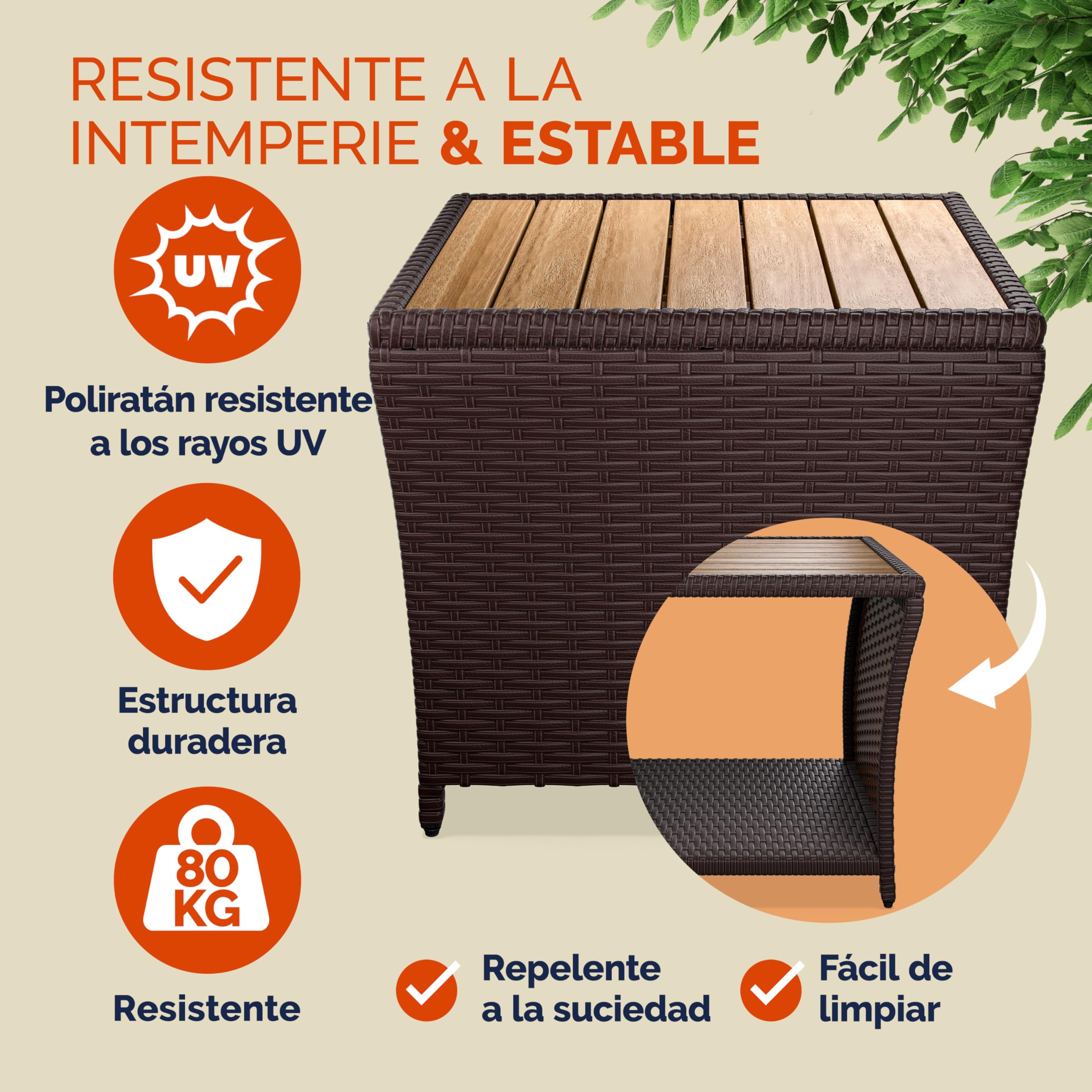 CASARIA® Mesa Auxiliar Jardín 45x45x40cm Poliratán Tablero Madera Acacia Mesa Exterior Balcón Carga 80kg Resistente Intemperie Marrón