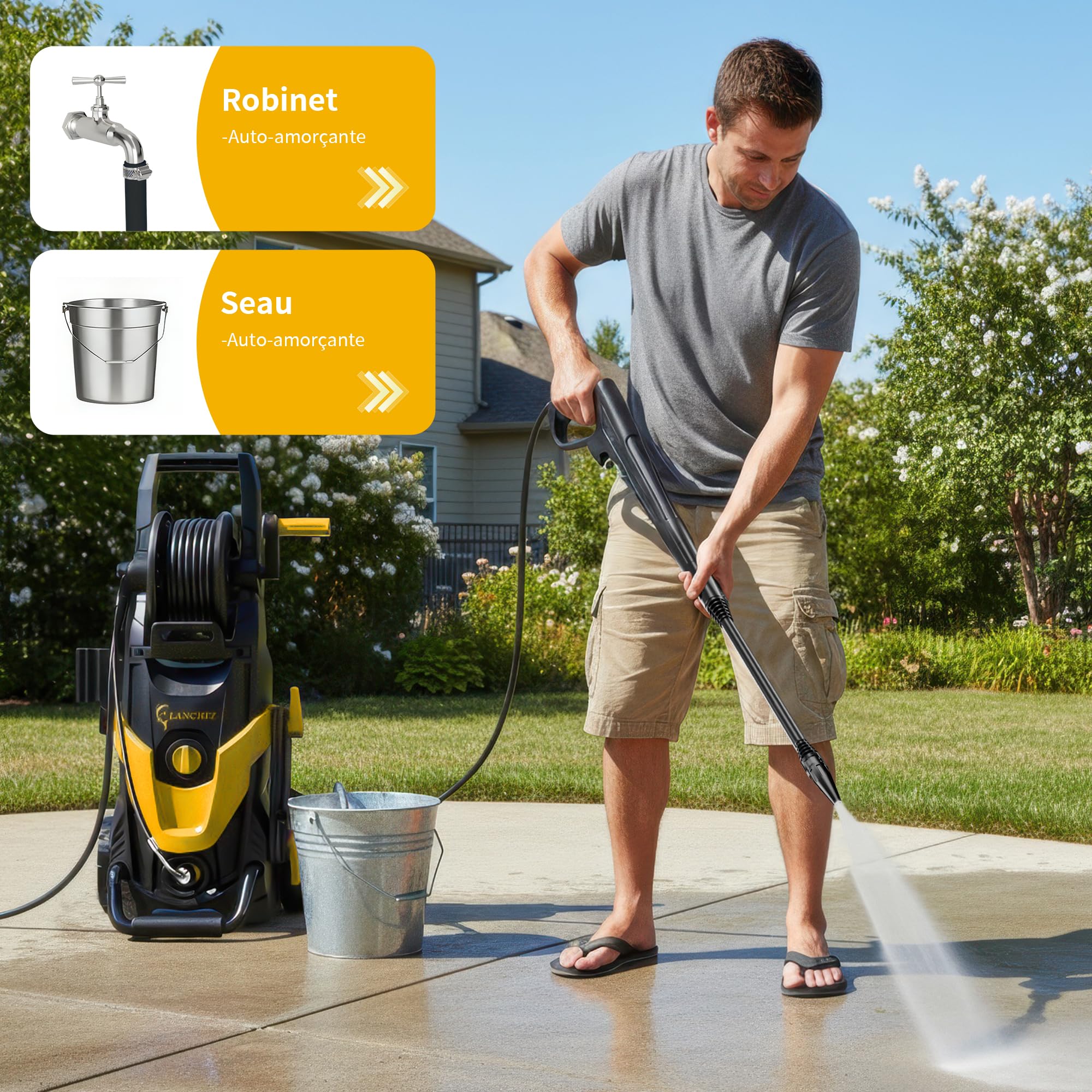 2026 New Nettoyeur Haute Pression Max.145 Bars, Débit 420 l/h, 7-in-1 Buses, Rendement Jusqu’à 50 m²/h, Canon à Mousse 500ml, Brosse pour terrasse, pour Voiture, terrasse, Jaune