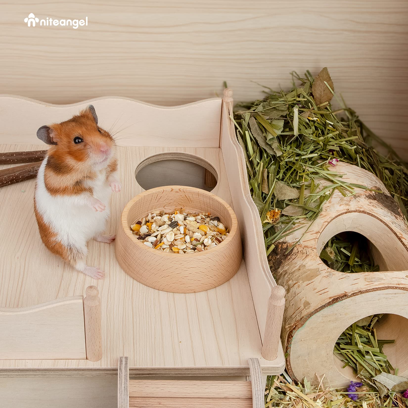 Niteangel Hamster-Futternapf aus Holz – Kleintier-Futterschale für syrische Zwerghamster, Rennmäuse, Mäuse, Degus oder andere ähnlich große kleine Haustiere (Hammy-Muster, für Syrer)