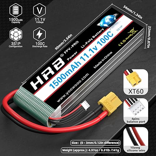 Miniatura 2 de HRB Batería Lipo XT60 11.1V 100C RC Lipo compatible con RC Helicóptero, Avión, Coche, Barco, Camión 2PCS 3S 1500mAh