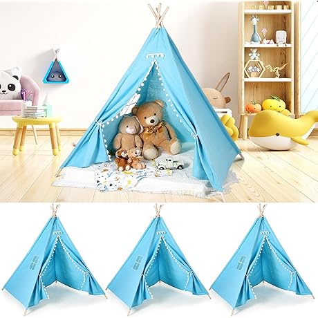 3 Pack Kids Teepee Tents, Blue Play Tipi Tent for Boys Girls...