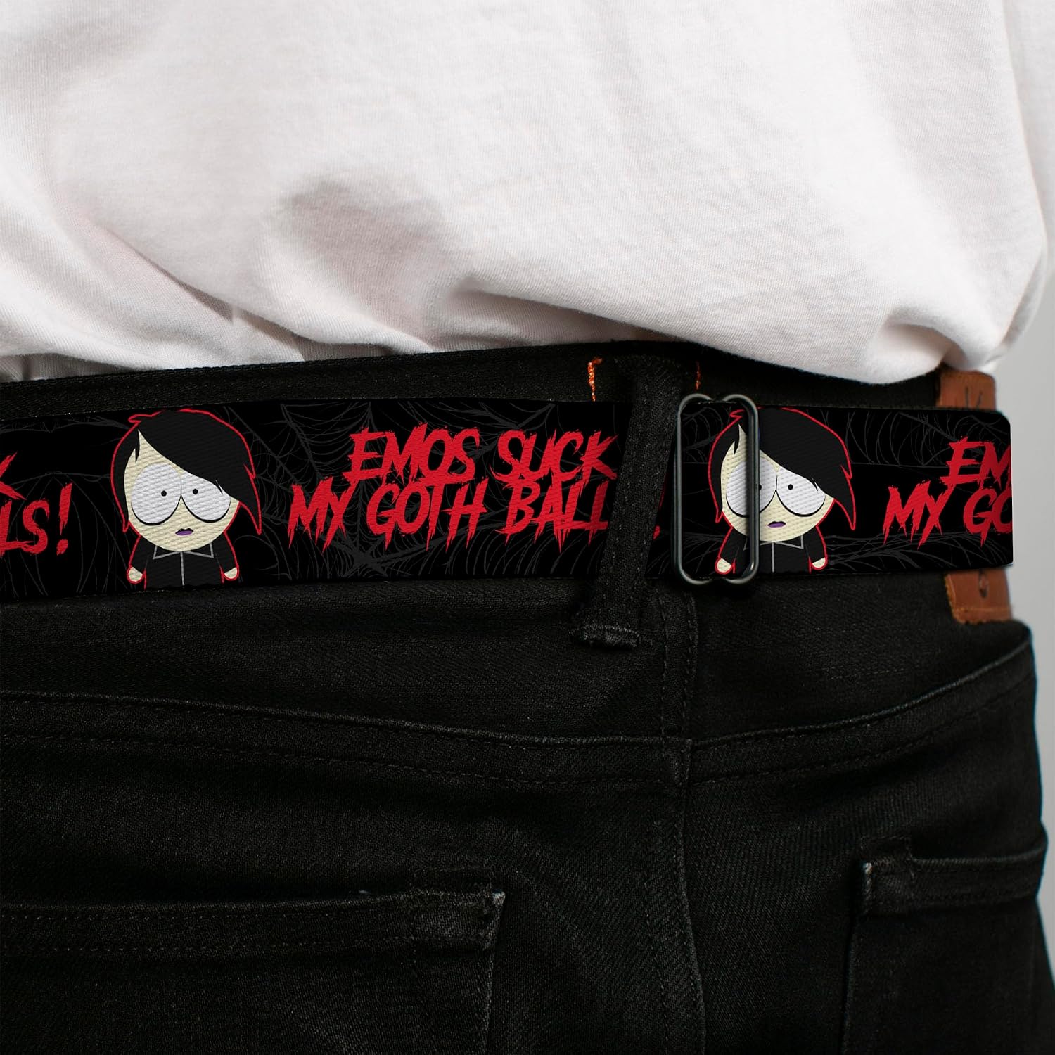 Comedy Central Belt, Seatbelt Buckle Belt, South Park Goth Firkle Emos Sucks My Goth Balls Gray, Adjustable