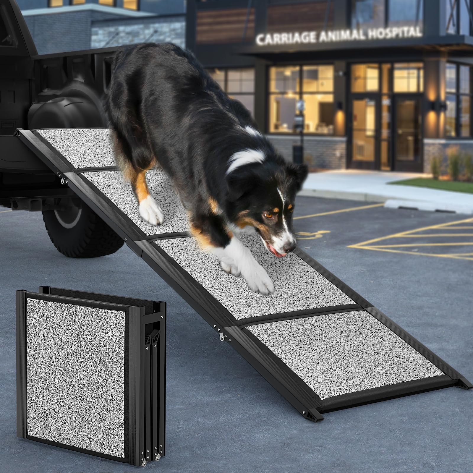 Pawaboo Rampa para Perros Plegable Cama, 170 x 50cm Rampa para Mascotas de Metal con Alfombra Antideslizante para Perros Menos de 113kg, Escalera para Perros Medianos Grande para Coche Sofá,Negro+Gris