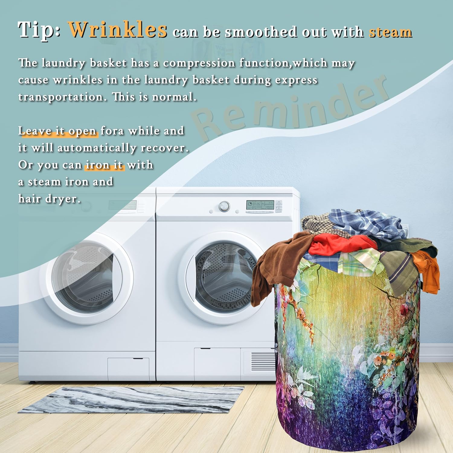 Abstract Watercolor Flowers Laundry Basket Foldable With Handles Tote Bag Oxford Cloth Colorful Laundry Hamper Clothes Storage Bucket Toy Organizer 18.9"x16.5"For Bathroom/Laundry/Bedroom