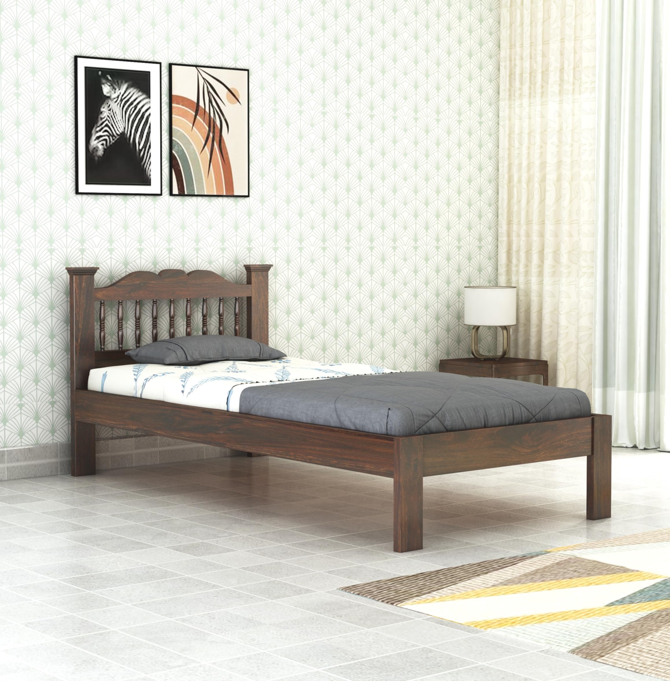 RJ ART Wooden Arch Single Bed Without Storage | Cot Palang | Space Saving Bed for Bedroom | Solid Sheesham Wood, Walnut Finish, Mattress Size: 78x36 Inch