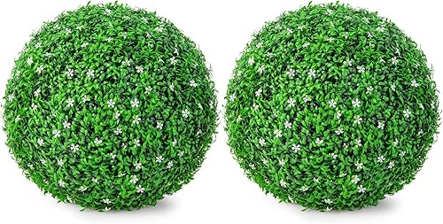 Goplus 2 bolas topiarias artificiales de acebo, bolas de boj de imitación de 19.5 pulgadas con flores blancas, bolas decorativas resistentes a los