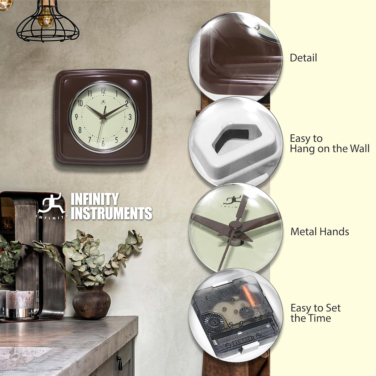 Infinity Instruments Square Retro Wall Clock, Mahogany, 9.25"