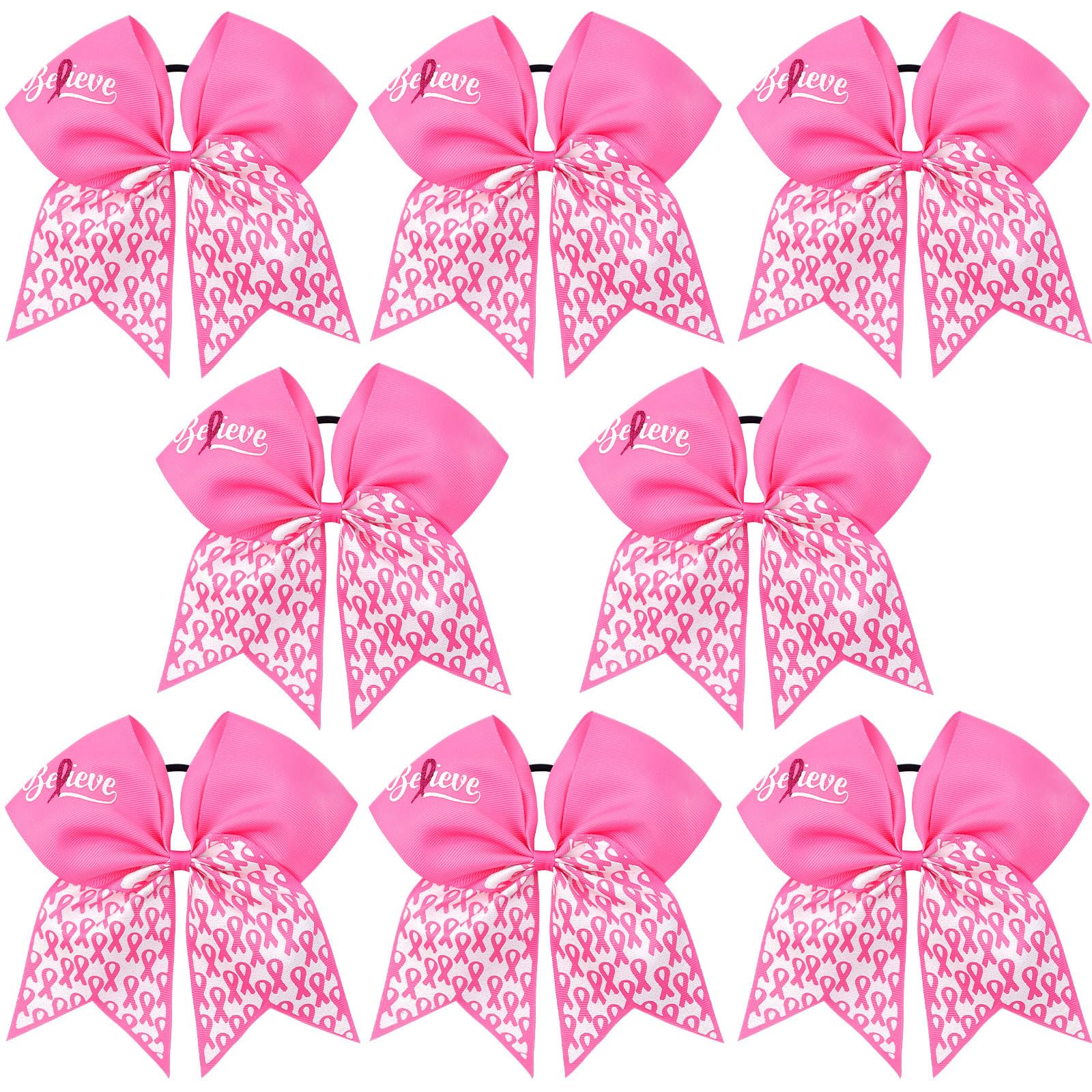 Oaoleer 7 Inch Breast Cancer Awareness Cheerleader Bow Large Hair Bow With Ponytail Holder Hair Band For Breast Cancer Month