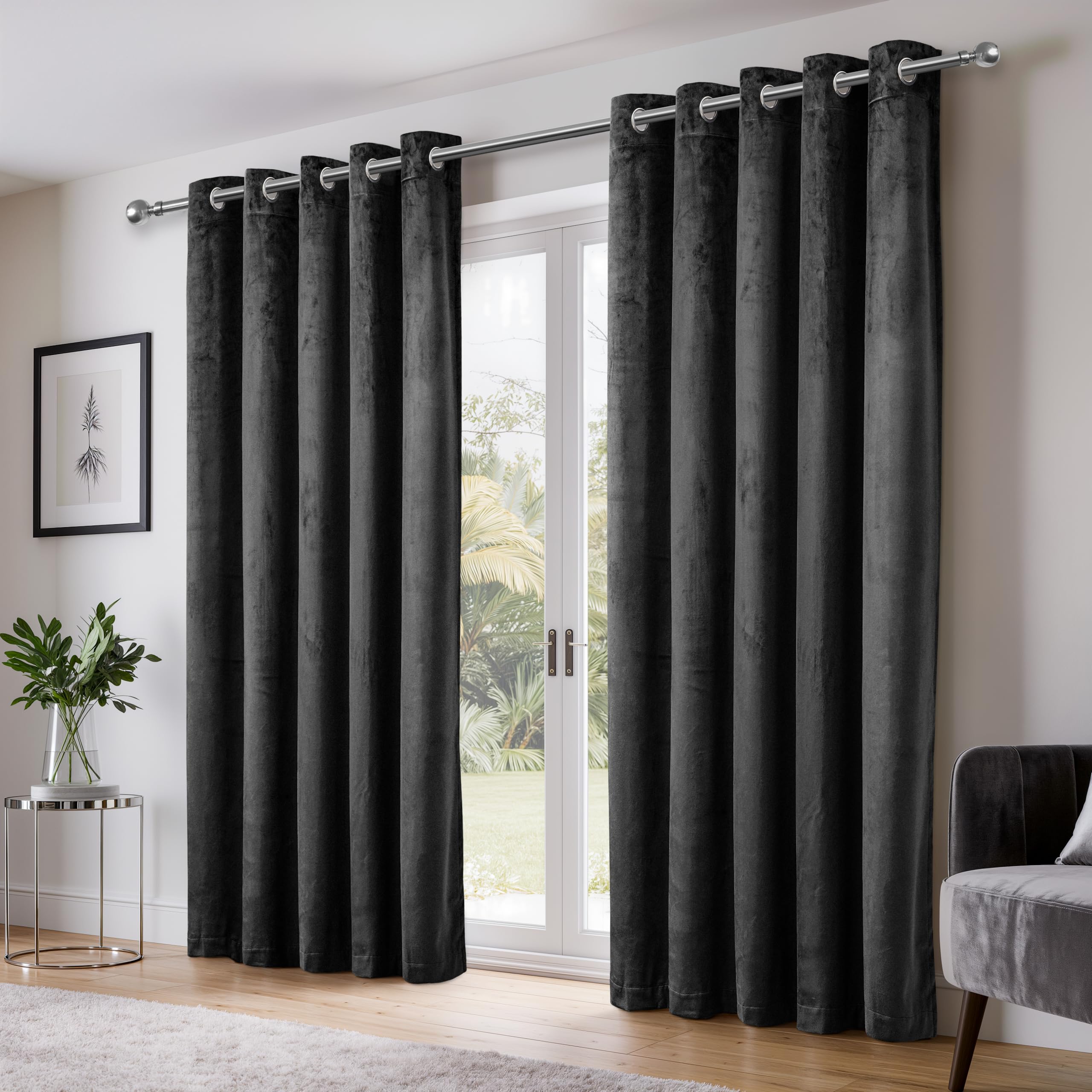 Emma Barclay Dusk Velvet Blackout Eyelet Ring Top Curtains for Bedroom Living Room, Thermal Soft Plain Velvet Curtain Pair, 46 x 54 Inch, Black