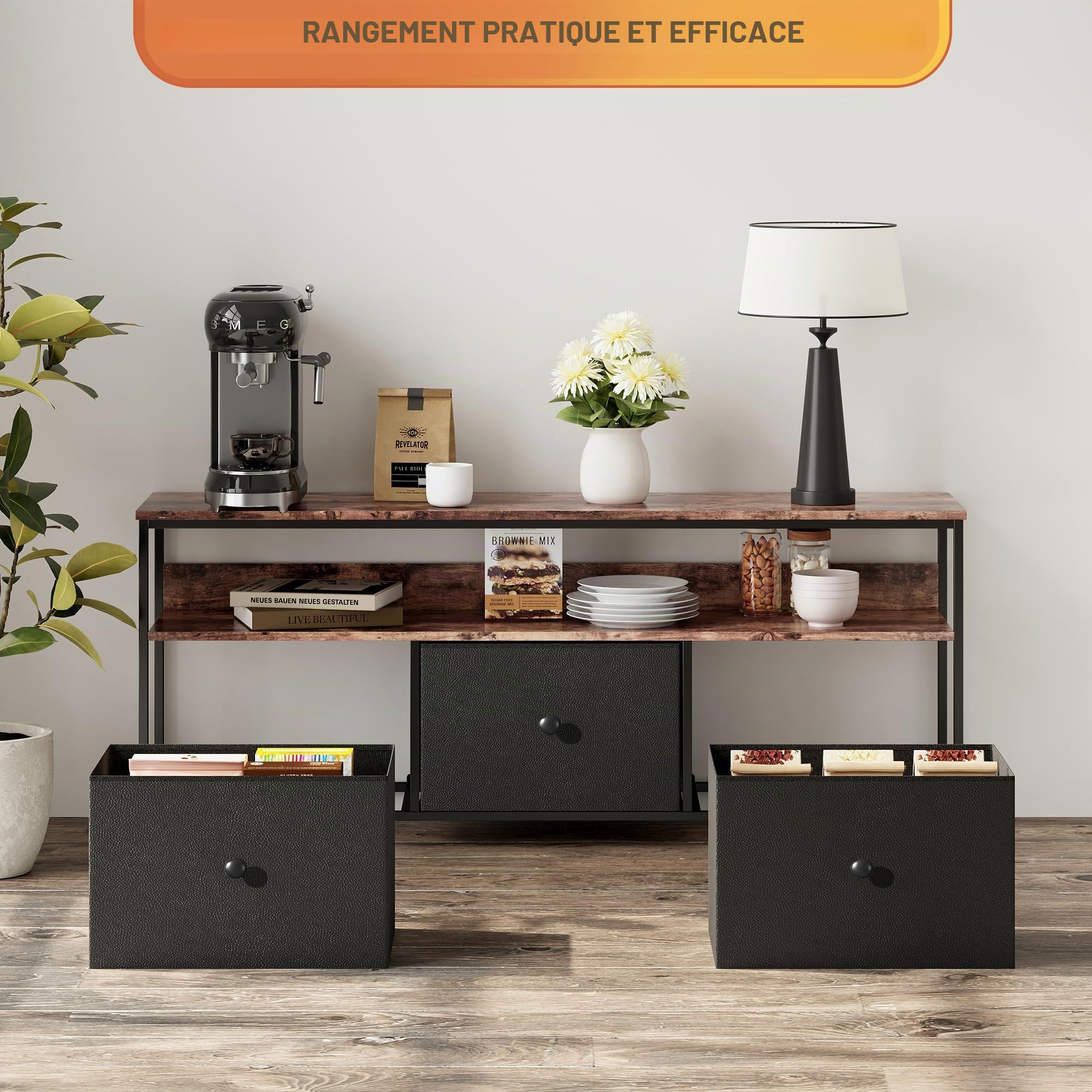 MEXUS Meuble TV, LED Meuble Tele Haut, Meuble TV avec Rangement, 3 tiroirs en Tissu, Intégrez Solutions Rangement Optimisez Visionnage Améliorez L'esthétique (Noir, 108cm)