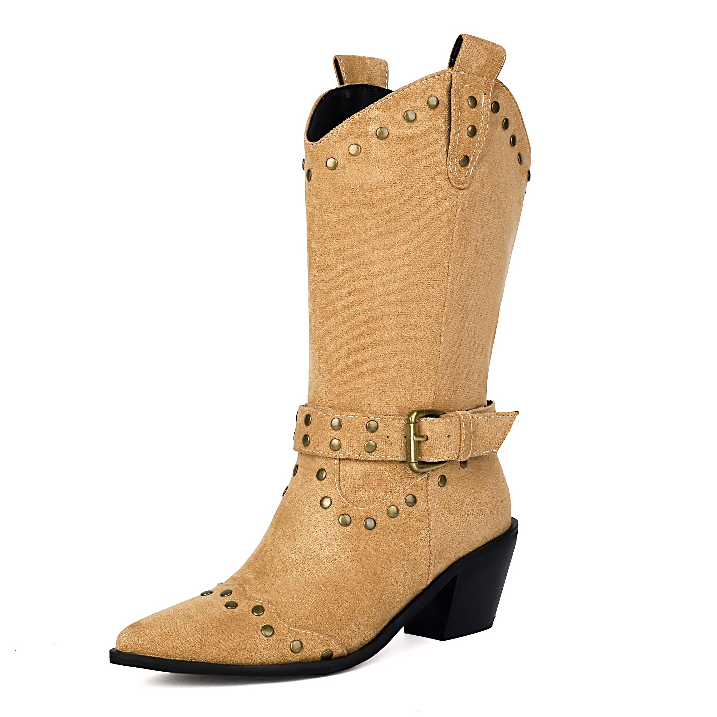 SoundSky Womens Western Cowboy Boots Studded Mid-Calf Buckle Pointed Toe Block Heel Boots
