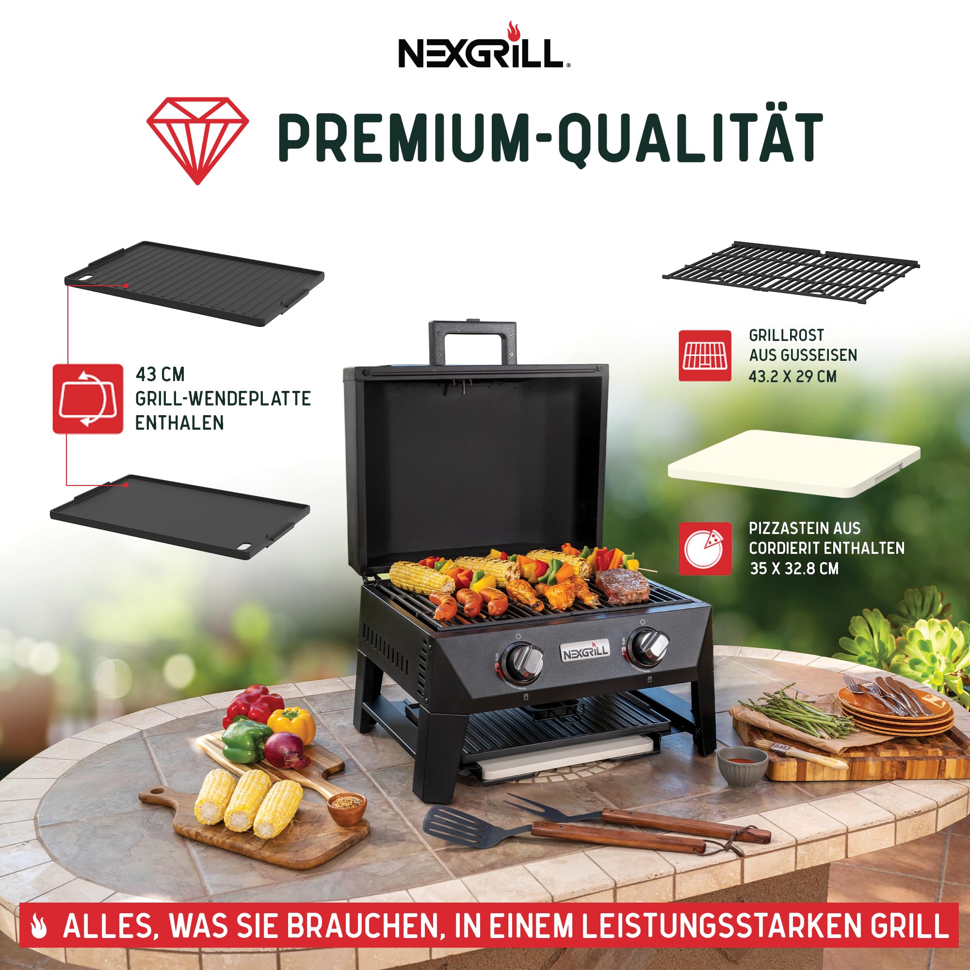 Nexgrill 4-in-1 Gasgrill/Tischgrill mit 2 Brennern, Pizzaofen-Funktion, Cordierit-Pizzastein & Wende-Grillplatte – Kompakter Outdoorgrill aus Stahl mit Stauraum für Zubehör