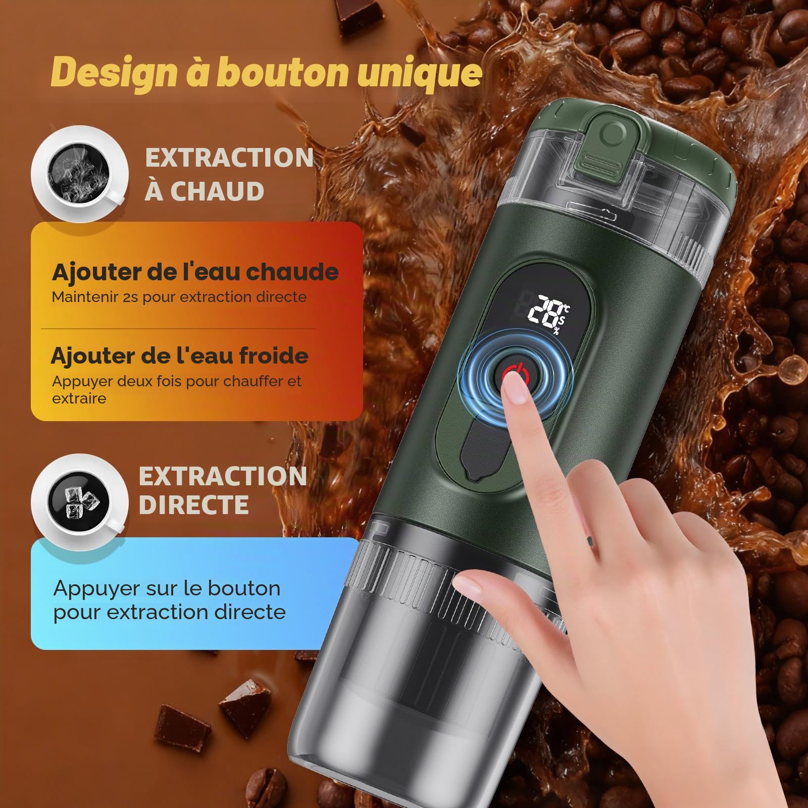 Machine à café portable 2 en 1 avec batterie 7650 mAh, pression de 20 BAR, extraction chaude/froide, pour dosettes et café moulu, portable pour bureau, voyages et camping (vert)