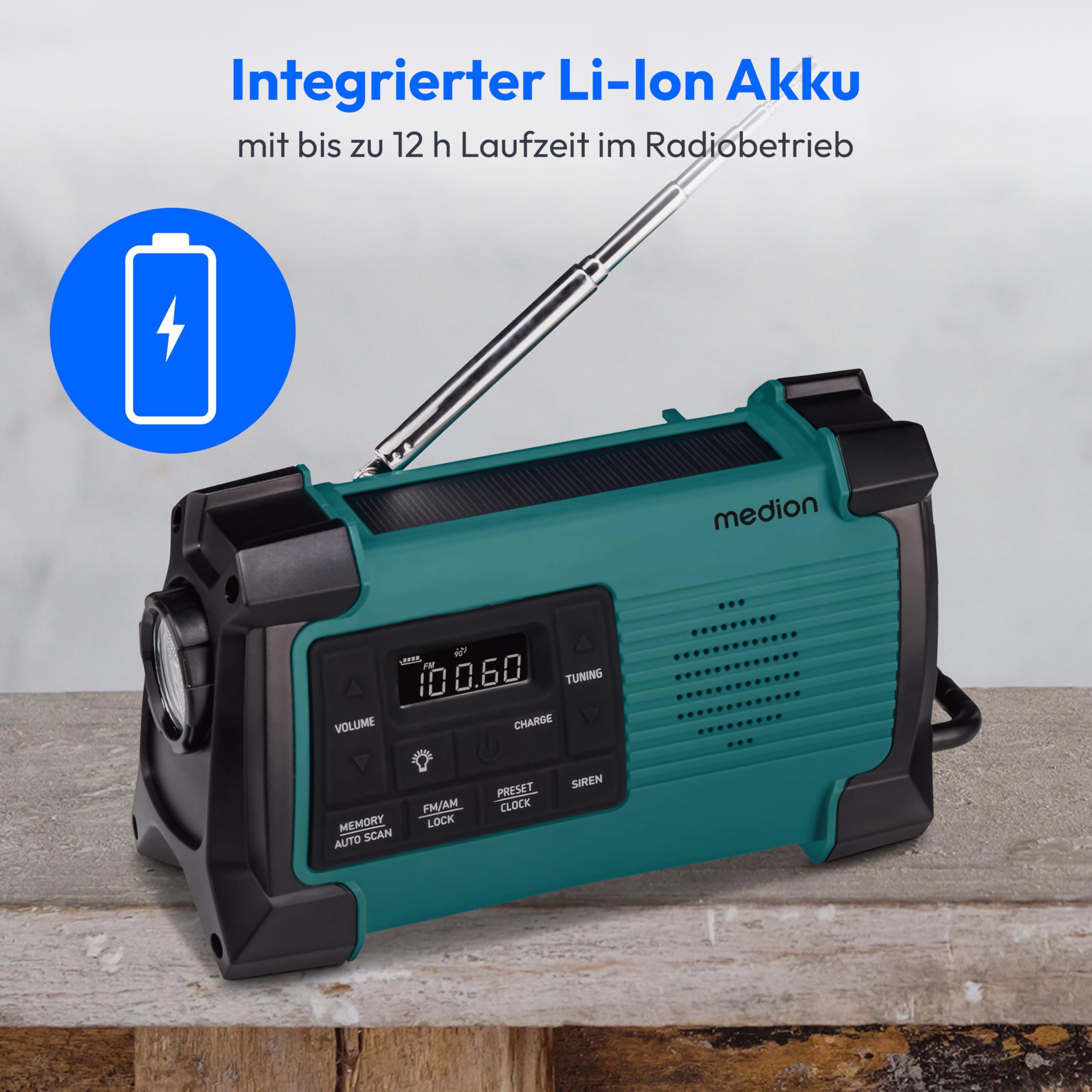 MEDION E66805 Kurbelradio (Solar, Dynamo Handkurbel, Baustellenradio, PLL UKW Radio, Taschenlampe IPX4 Spritzwasserschutz, SOS Notfall Funktion)