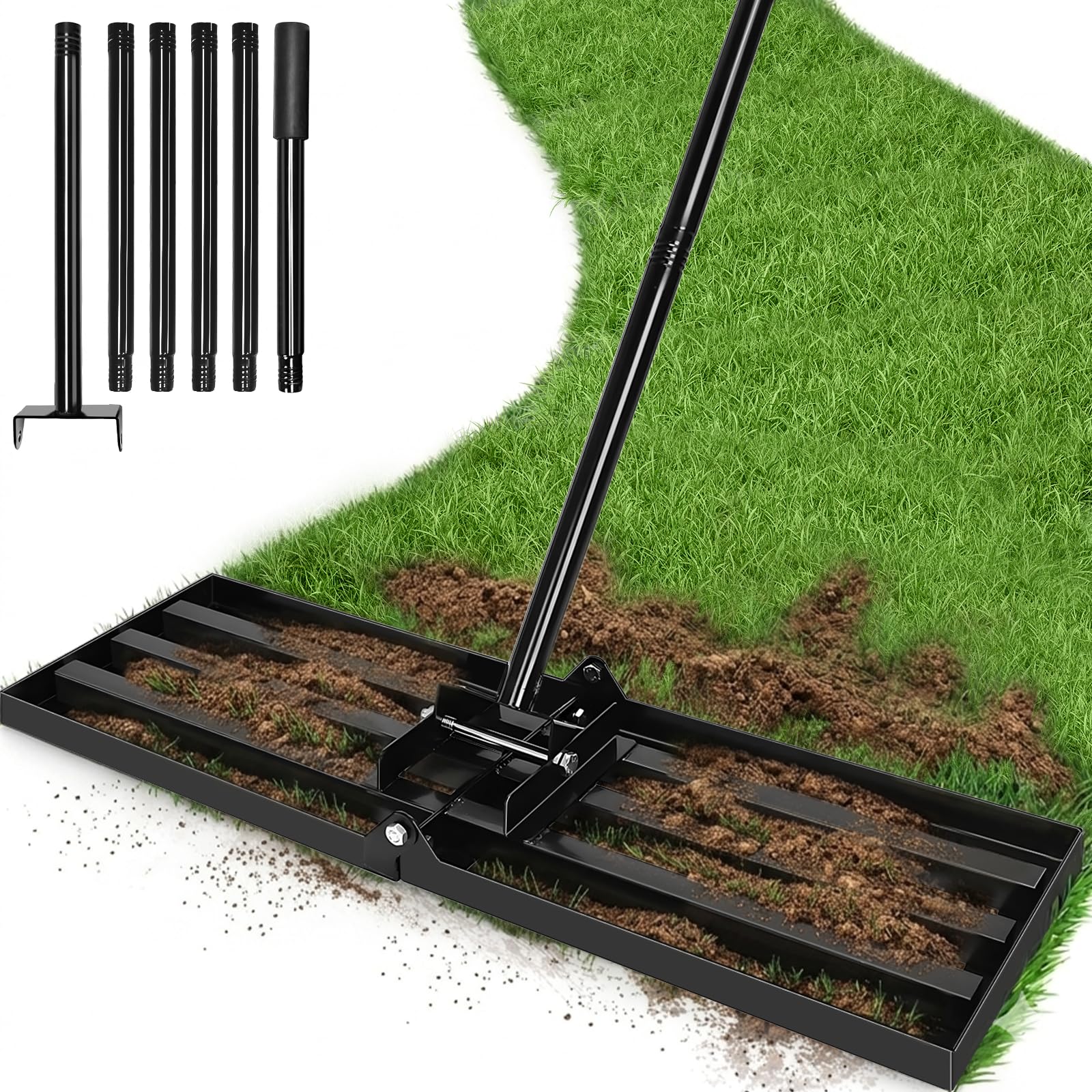 INCIKITI Lawn Levelling Rake, 76x25cm Lawn Leveling Rake, Heavy Duty Lawn Leveller with 194cm Adjustable Handle, Stainless Steel Lawn Leveler for Garden Golf Course, Ease Level Soil Sand Dirt Surfaces