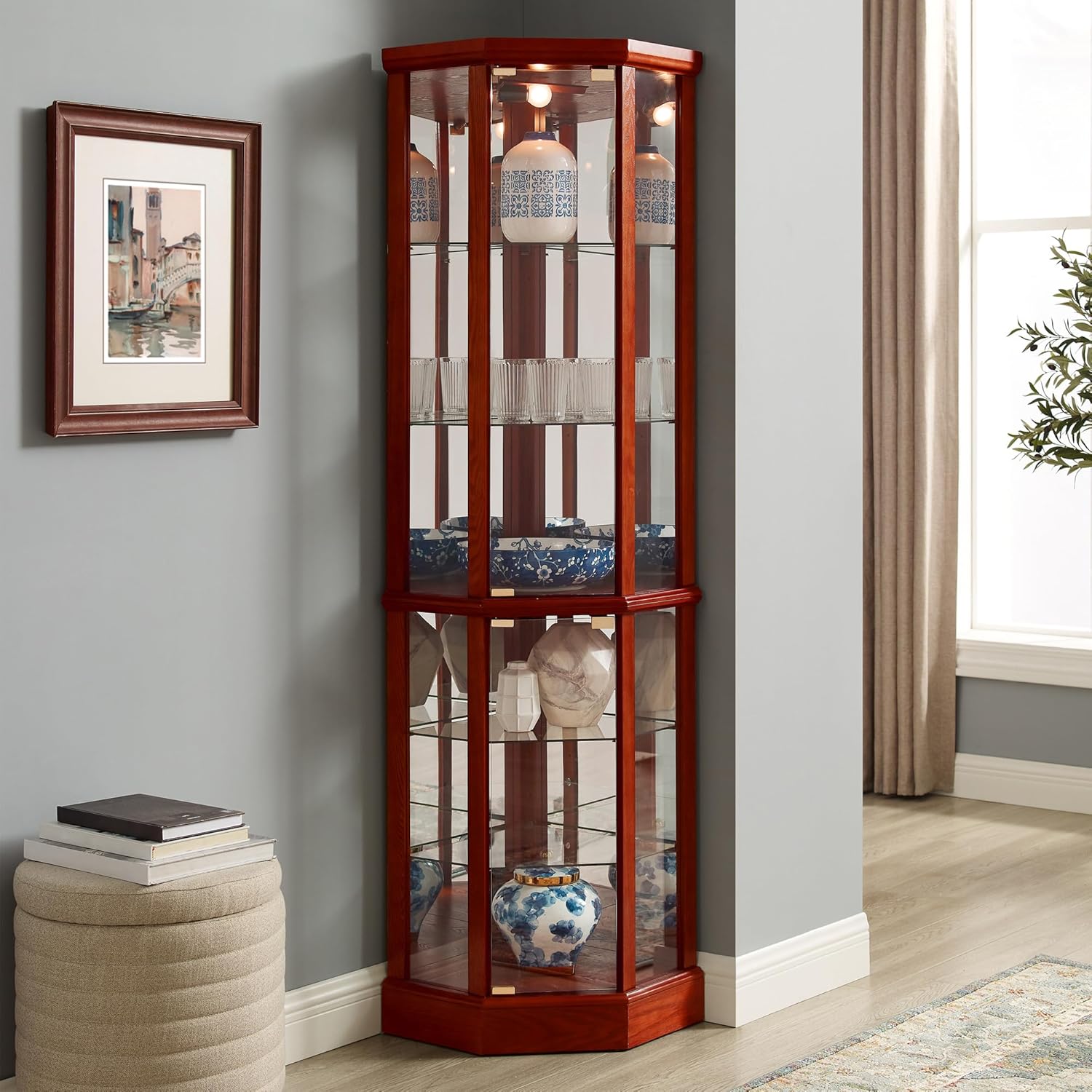 Lighted Corner Display Curio Cabinet, 70" Tall Wooden Curved Shelving Unit with Tempered Glass Door, Bar and Liquor Storage Area with 6 Shelves (Cherry)
