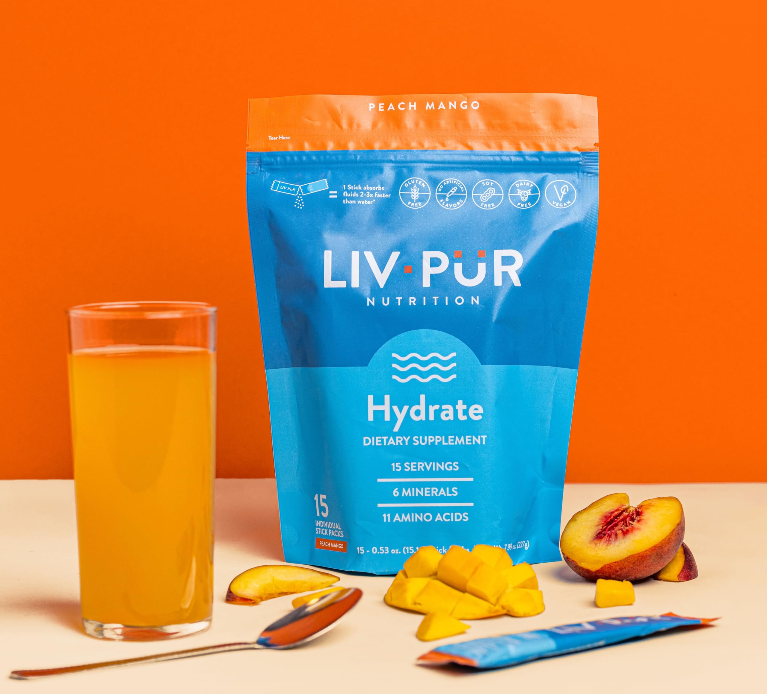 LivPur Electrolyte Drink Mix, Instant Hydration Powder with Vitamin C, B6, B12 & Essential Amino Acids for Muscle Support & Immune Health, Sports Essentials, Peach Mango Flavor, 15 Stick Packs