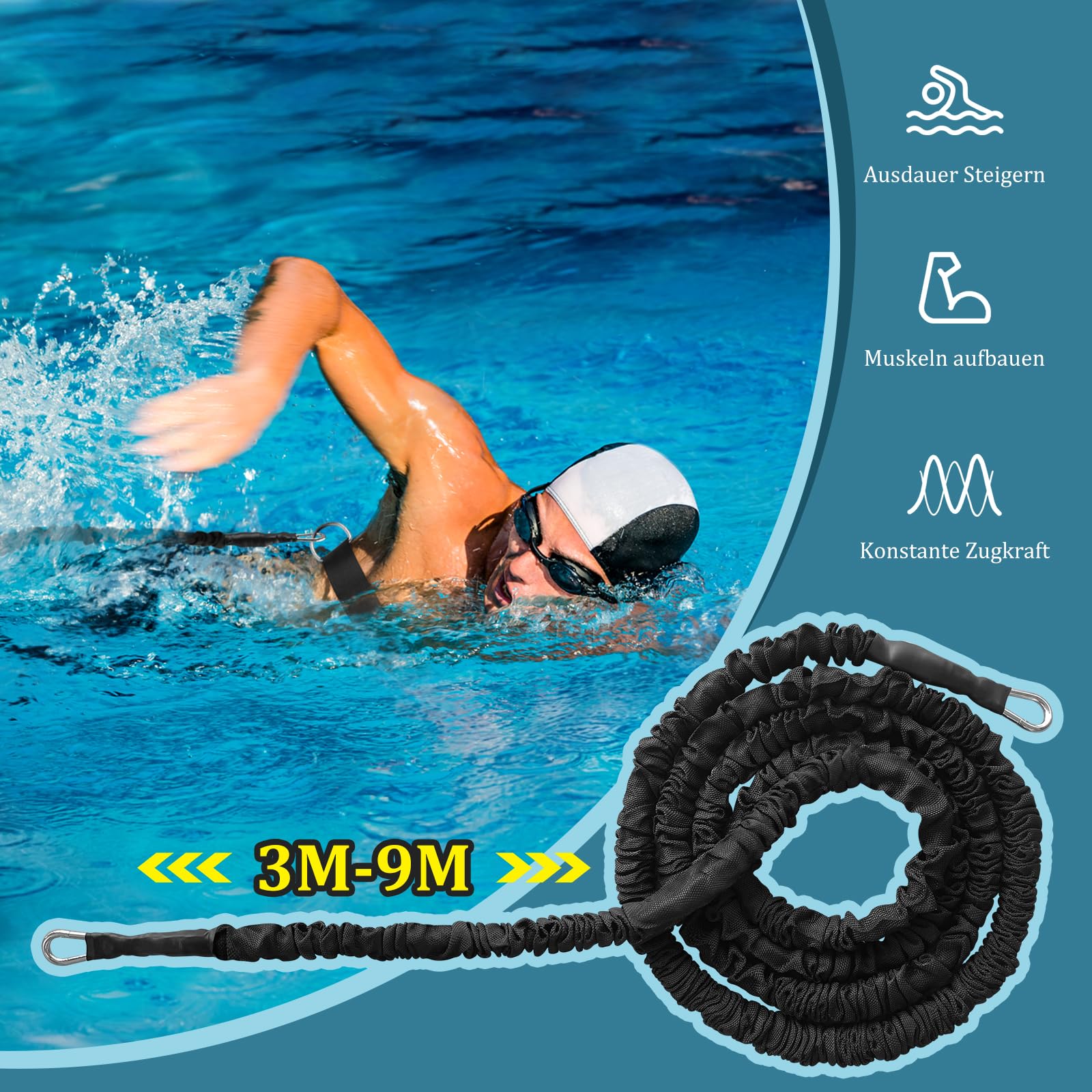 Digiroot Schwimmgurt für Pool 3M-9M einnstellbare Schwimmwiderstand Gürtel Schwimmtrainer Schwimmhilfe Gürtel Leine für Erwachsene Kinder Schwarz