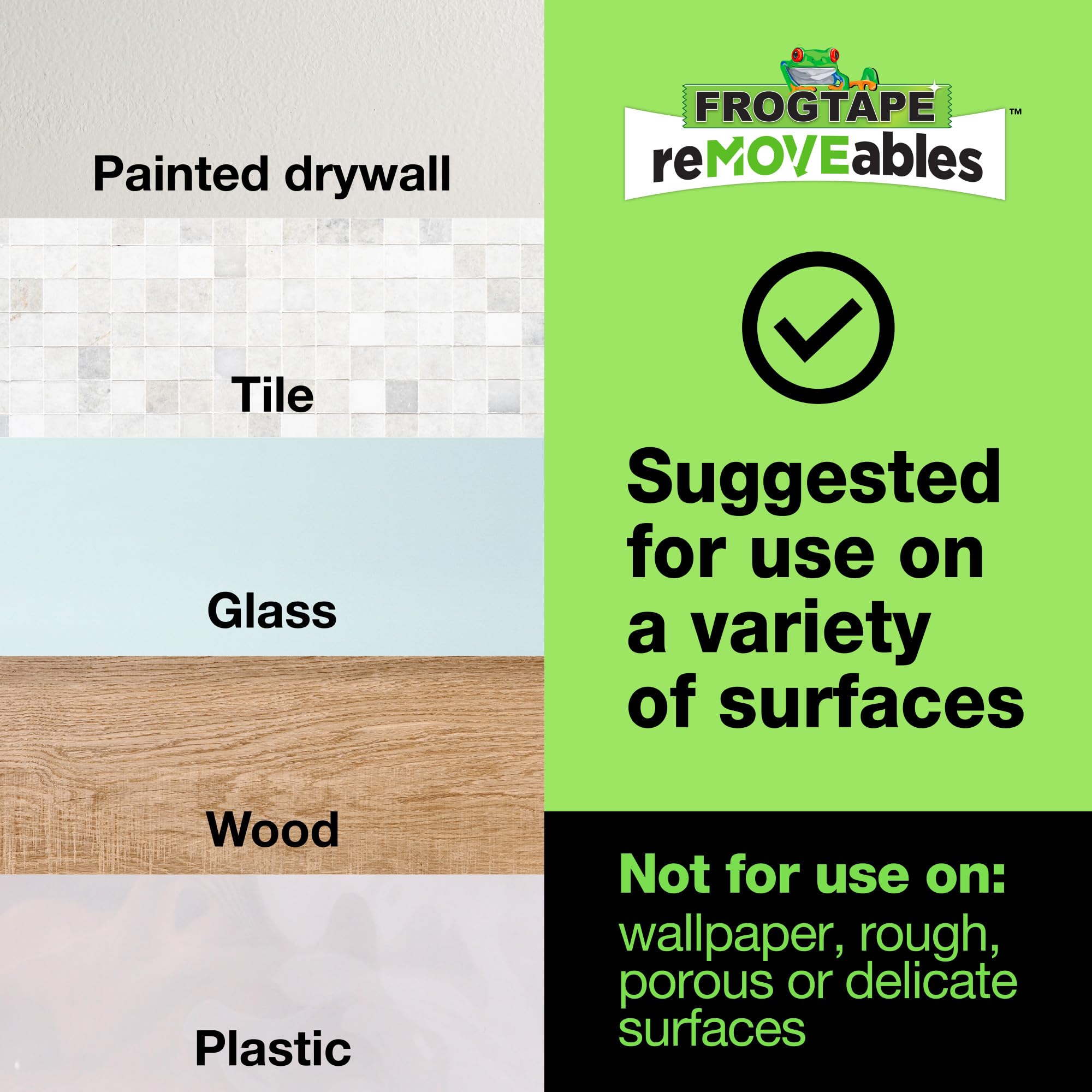 FrogTape reMOVEables - Tiras medianas para colgar cuadros, tiras adhesivas extraíbles sin daños, ganchos de fotos, montaje en pared para marcos, lienzo, decoración del hogar, blanco, 72 pares (144