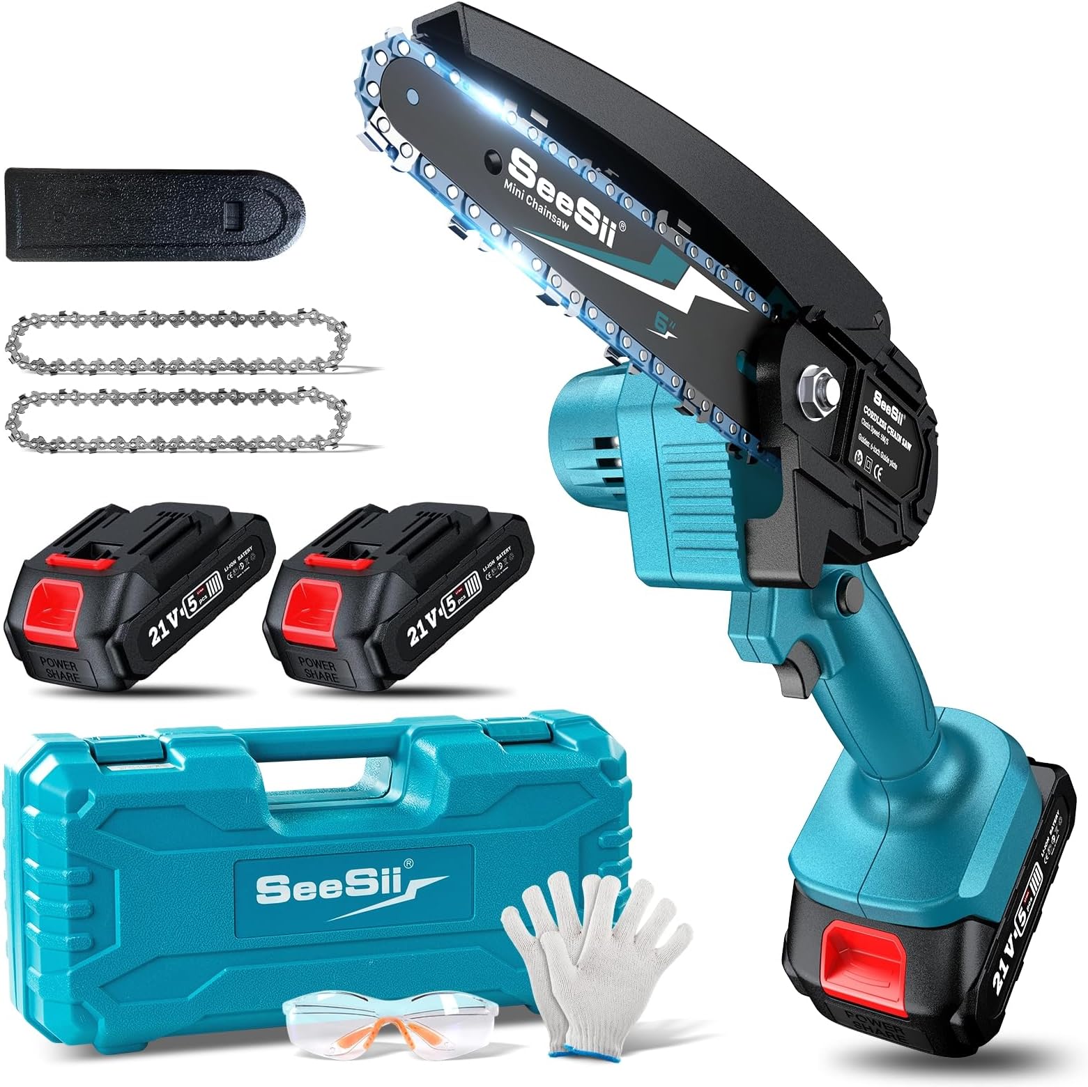 Seesii Mini Chainsaw, 6-inch Mini Chainsaw Cordless, Handheld Electric Power Chain Saw with 2 Batteries, for Tree Trimming Wood Cutting, Best Gifts for Father, Dad, Husband, Men