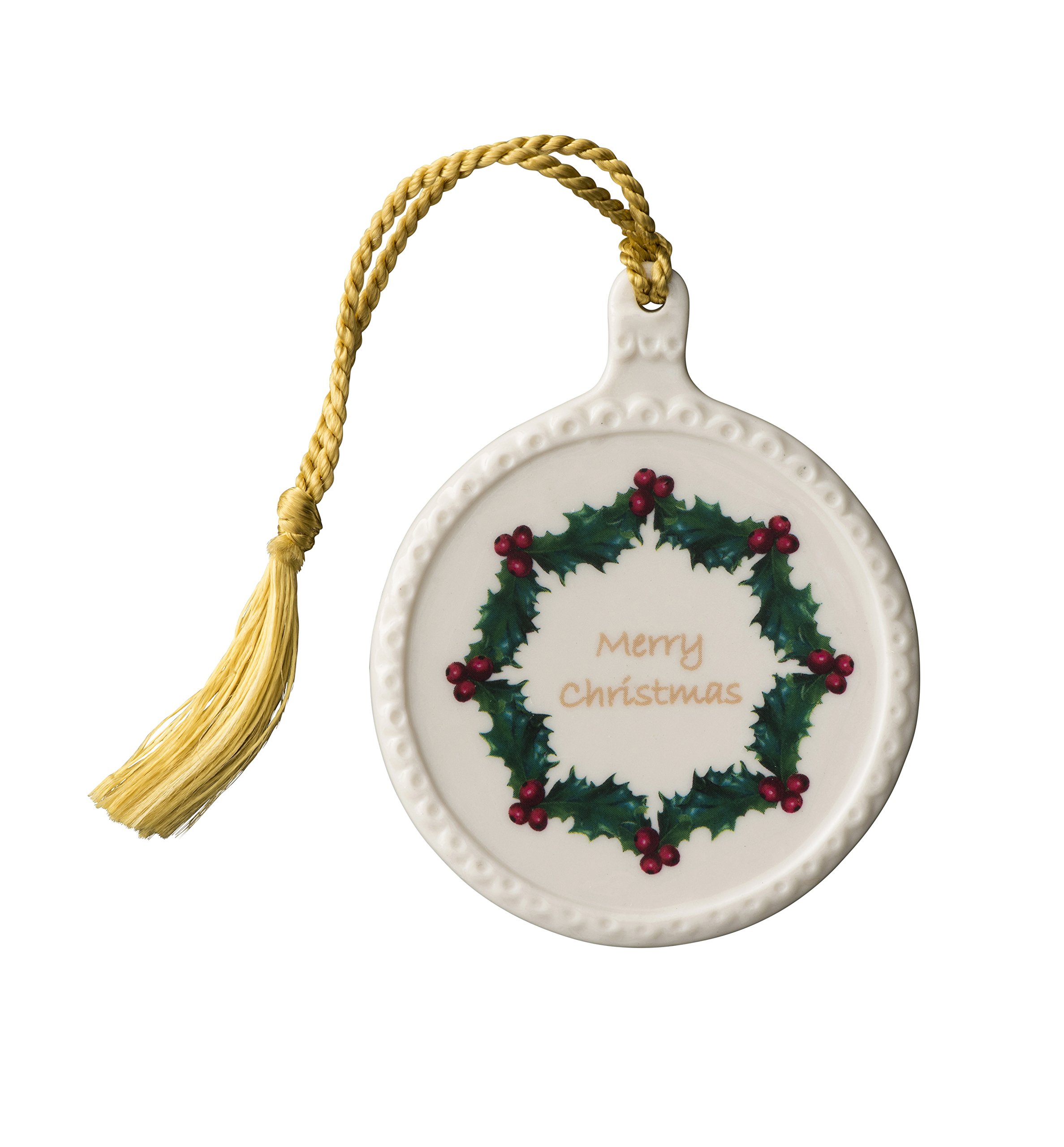 Belleek Classic Merry Christmas Ornament, Stone, White, 6.6 x 6.6 x 0.5 cm