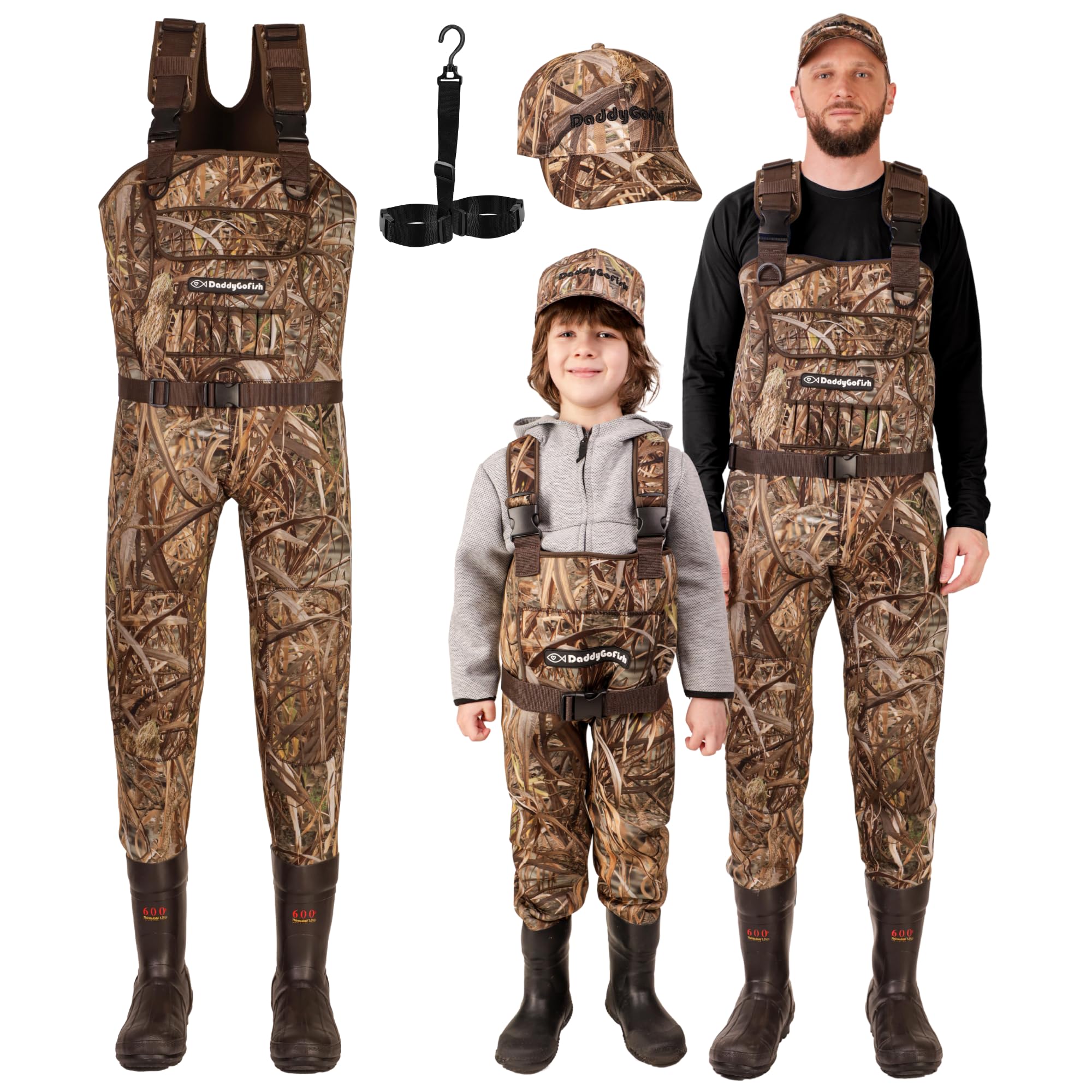 DaddyGoFish Neoprene Chest Waders for Kids and Adults, BootFoot, Fishing & Hunting with a Camouflage Caps, and a Wader Hanger