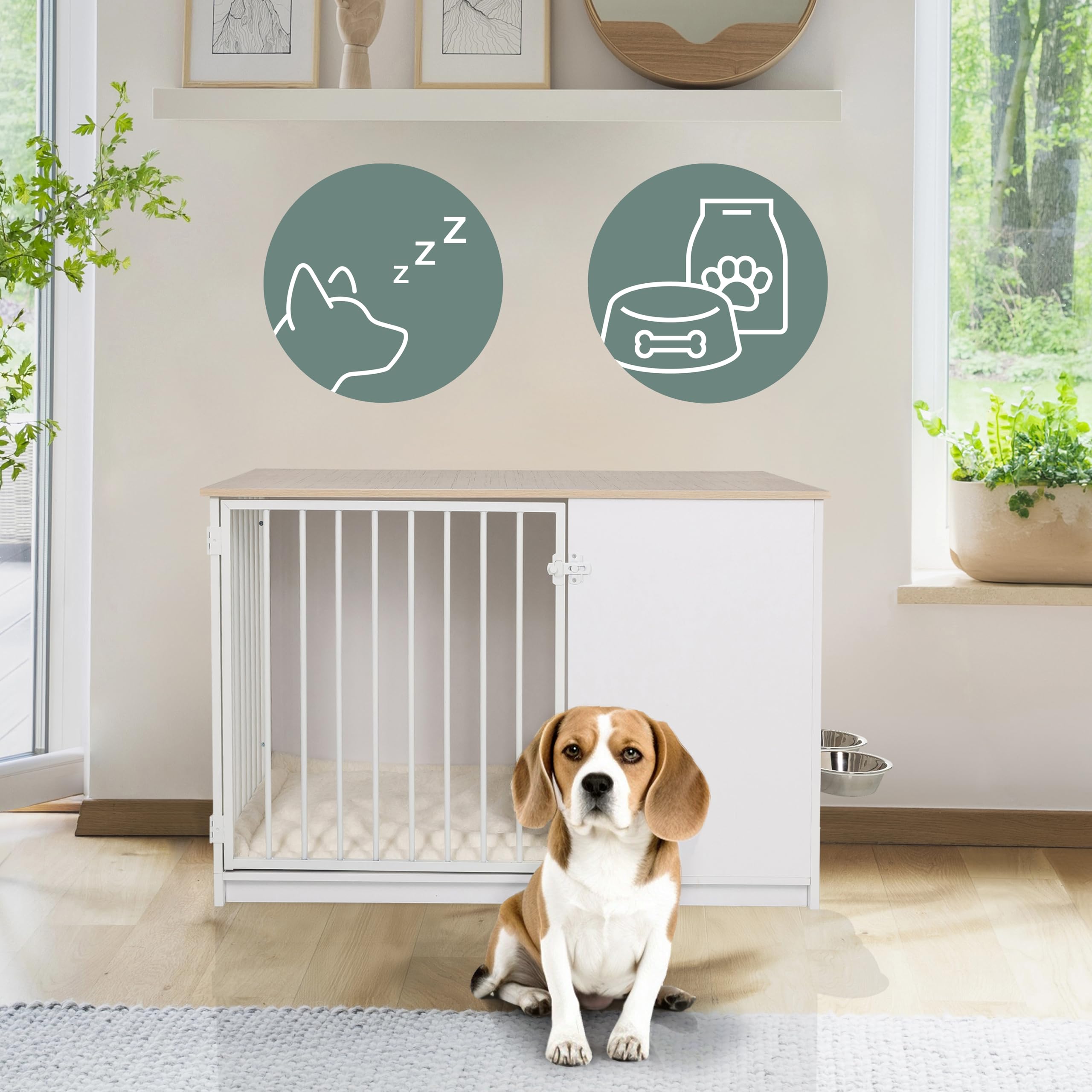 Hundebox für Zuhause, 102x60x65,5 cm PAWHOME XL Hundekäfig inkl. Edelstahlnäpfe, Hundehaus mit Tür bis 30kg belastbar, Weiß/Eiche