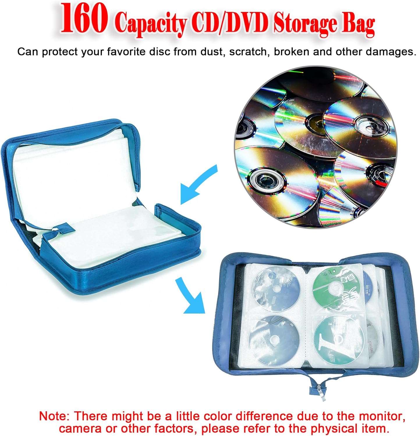 intendvision 160 Capacity CD DVD Case, Protective CD DVD Box Holder Portable Zipper Disc Storage Organizer Bag CD Binder for Car Home Office Travel (Blue)