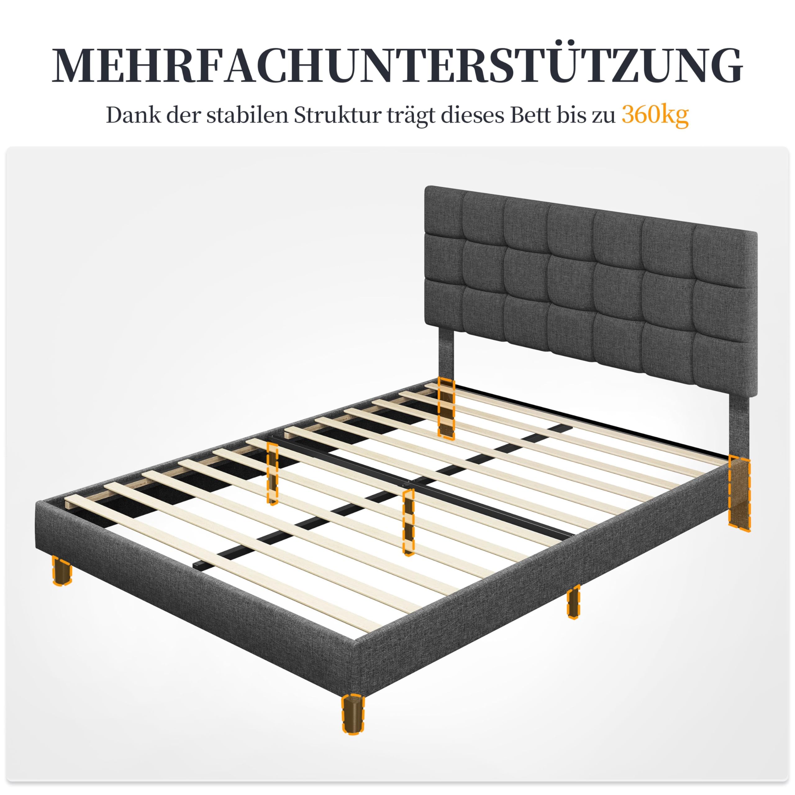 Yaheetech Polsterbett 140 x 200 cm Doppelbett mit Höhenverstellbarem Kopfteil, Stabiler Bettrahmen Stoffbett mit Lattenrost, Gepolstertes Bettgestell Jugendbett, Dunkelgrau