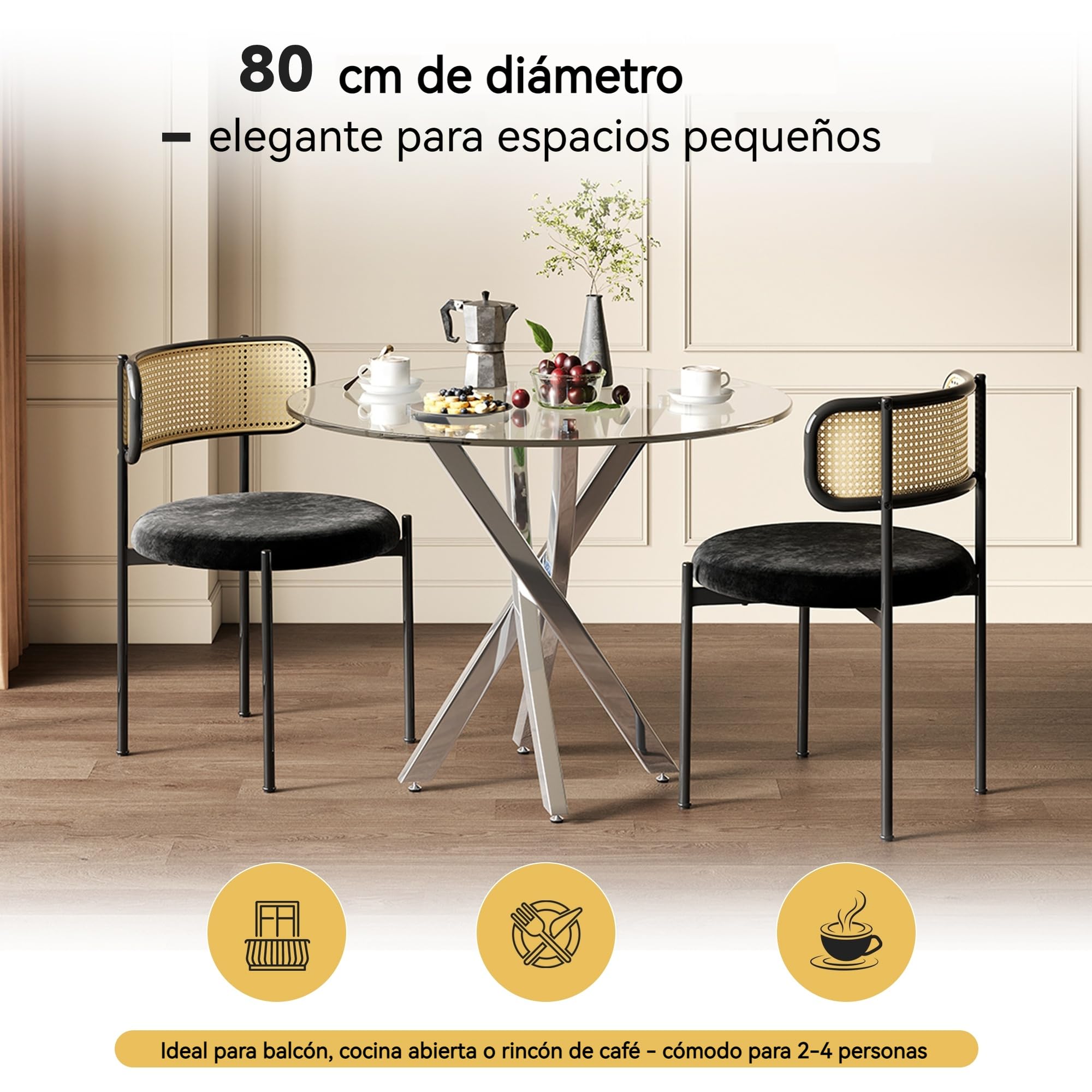Mesa de comedor redonda 80 x 80 x 75 cm, tapa de cristal templado con patas de metal galvanizado, mesa de comedor pequeña, para salón, cocina, comedor, 2-4 personas, color plateado