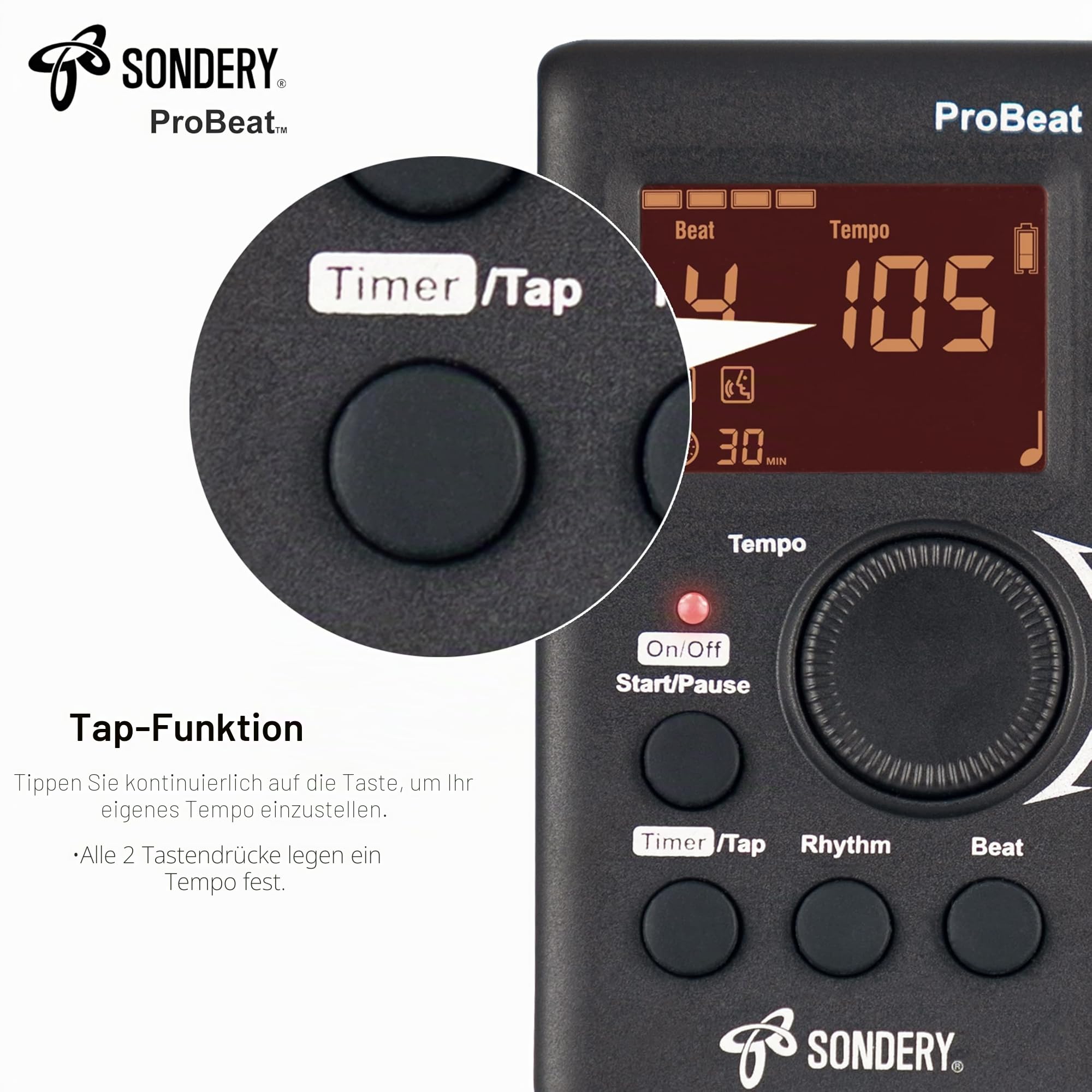 Sondery Digitales Metronom für Gitarre Piano Drum und alle Instrumente, Vocal Count Option und 3 Arten von digitalen Sounds, wird mit einem wiederaufladbaren Li-Akku im Inneren betrieben