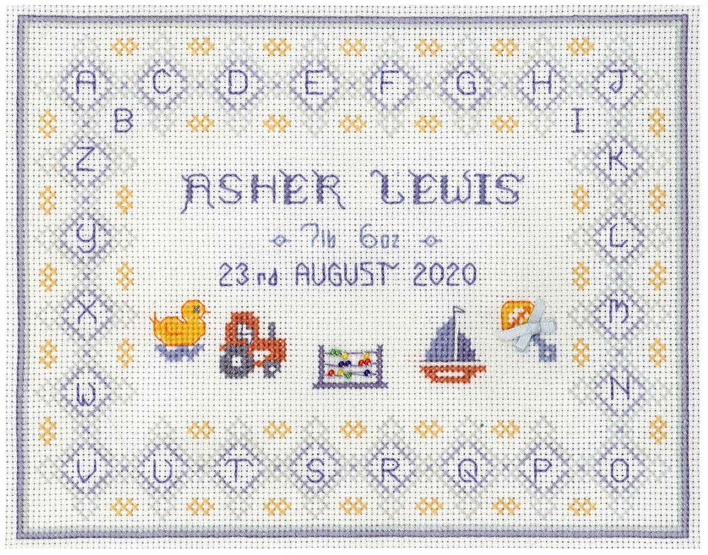 Lifetime Samplers & Decorative Textiles Blue Birth Sampler - Complete Cross Stitch Kit On 14 Aida With Clear Colour Chart