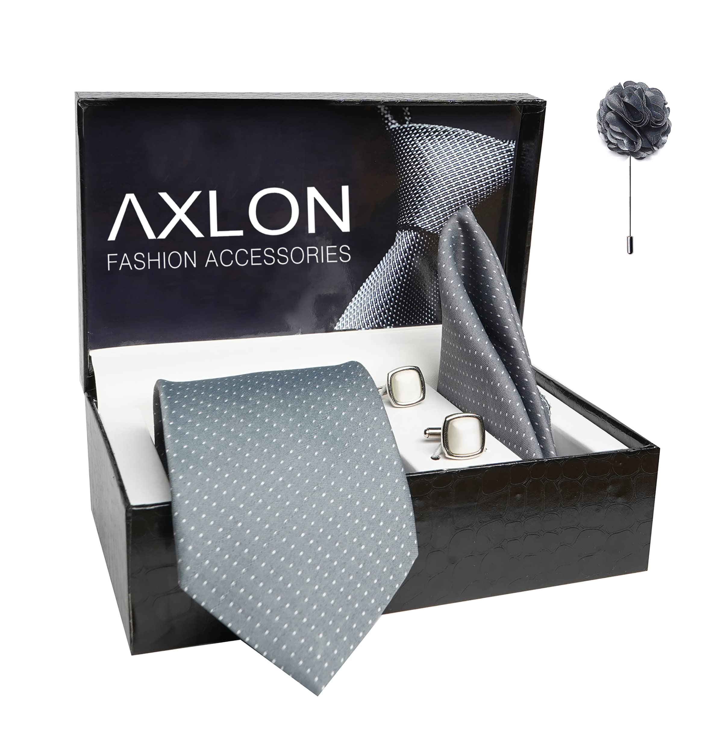 Axlon Tie for Men – Dotted Silk Neck Ties Set with Cufflinks Flower Pin, Pocket Square & Black Gift Box, Combo Necktie Sets for Office Wear, Formal Suits & Weddings (Grey, AXD1GYRX) - Image 2 thumbnail