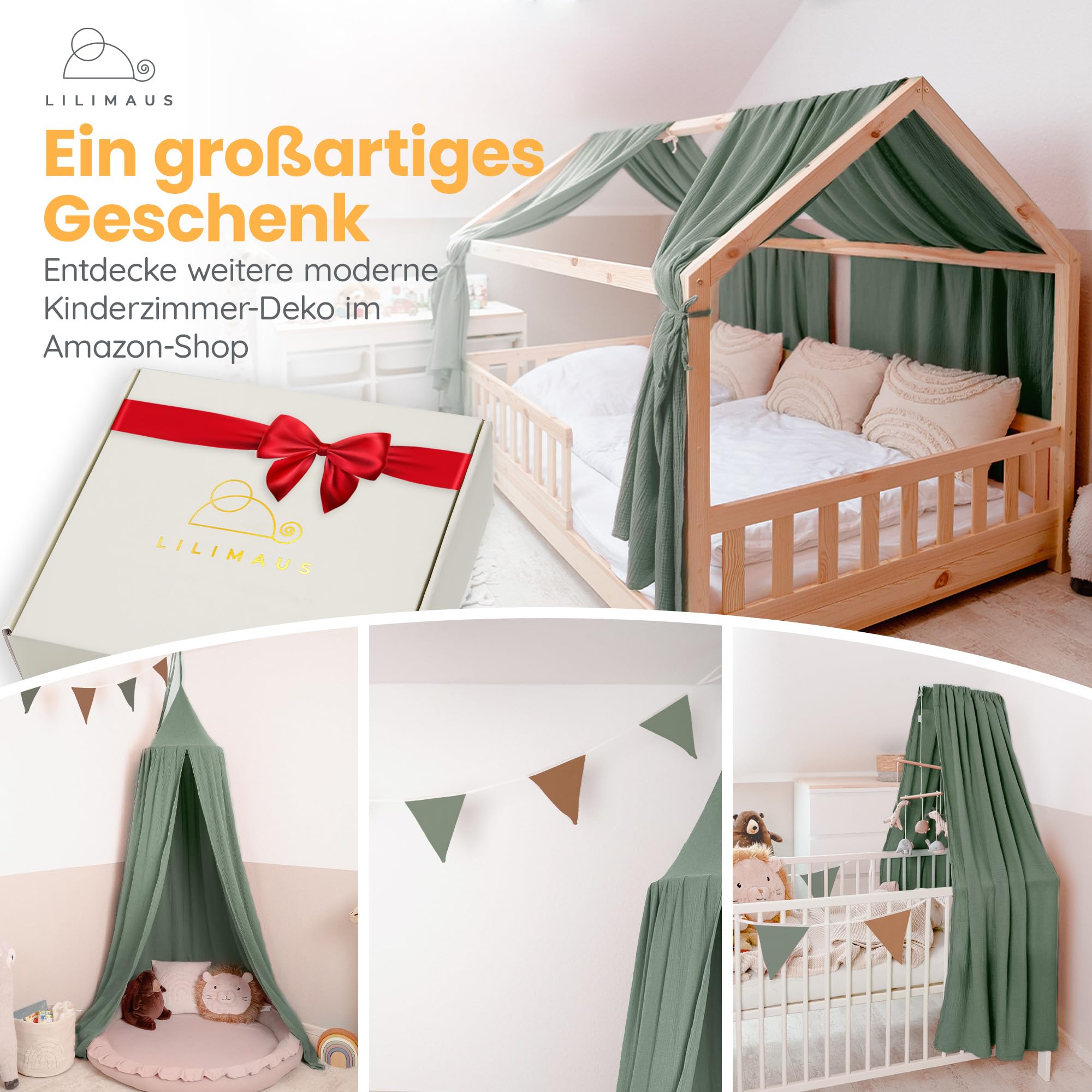 lilimaus Hausbett Himmel [in 12 Farben] Betthimmel Hausbett aus 100% Baumwolle Musselin - Stoffhimmel für Hausbett Deko Mädchen & Jungen - Himmel für Hausbett Kinder - Bett Vorhang Kinderbett