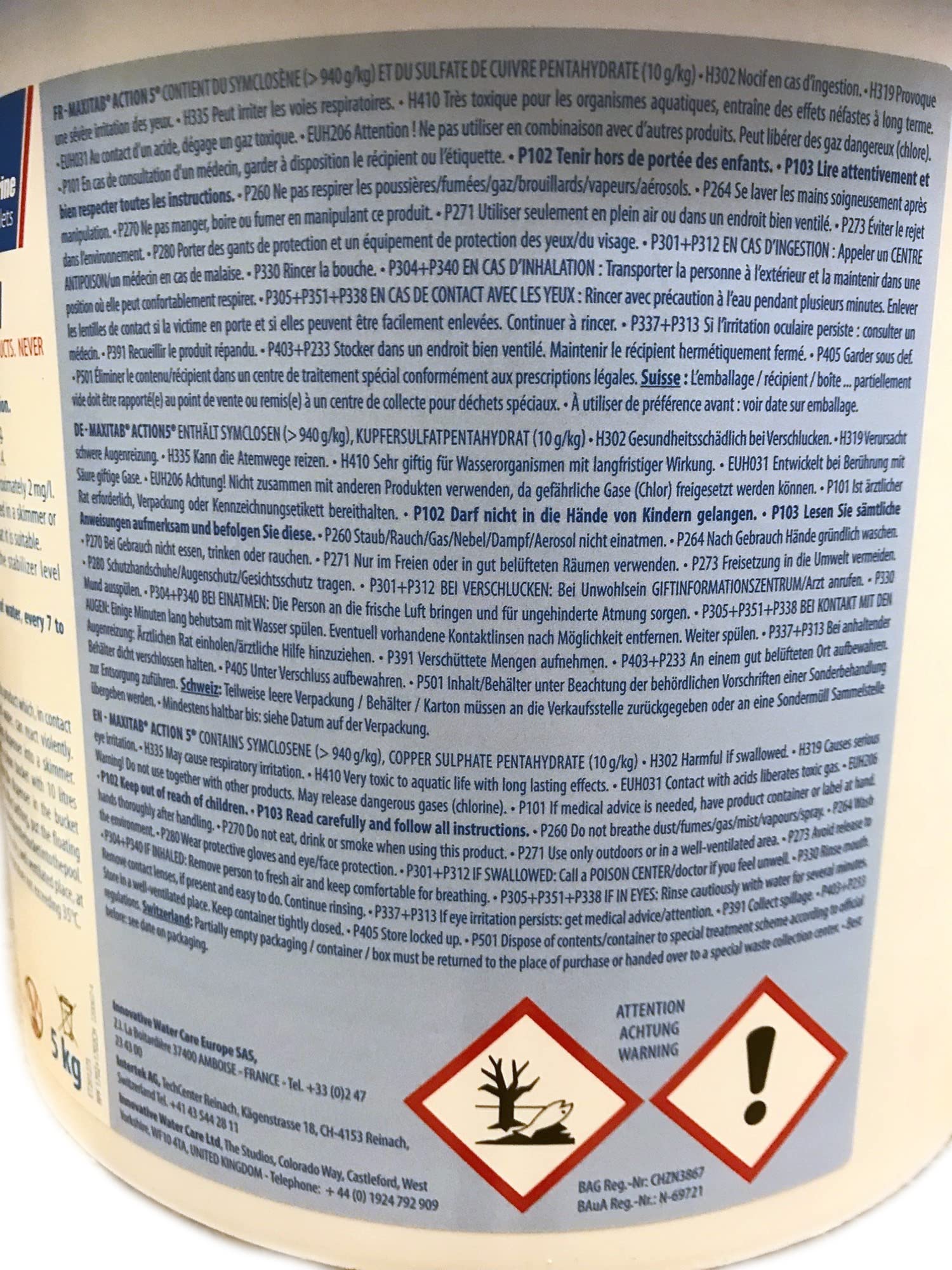 HTH Tablettes de chlore multifonction 200g, seau de 5kg - 5 actions en un produit.