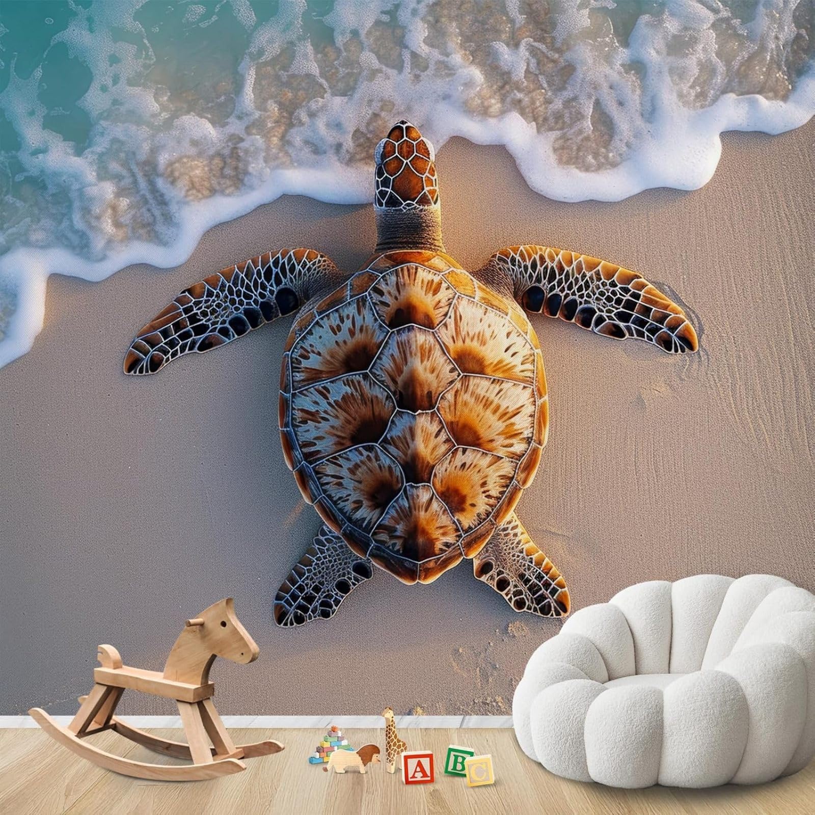 Hgjdjhnf 3D Mural Photo Mural - Wallpaper Sea Turtle Beach Waves Maritime Animal Motif Non-Woven Modern Living Room Bedroom Children's Room Wall Decoration Motif ,150Cmx105cm Poster - Wall Sticker - Frameless Picture