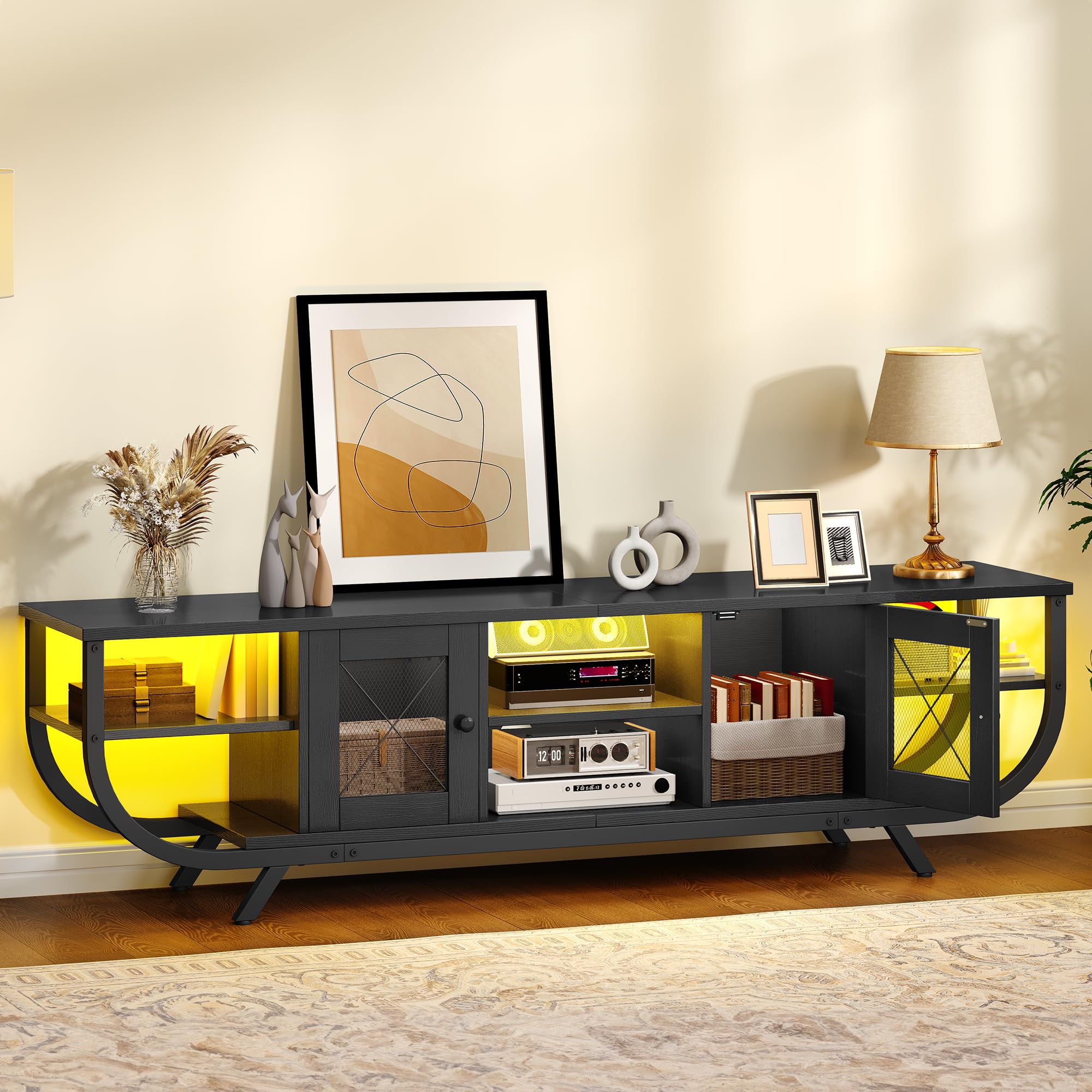 YITAHOME Meuble TV Industriel, Meuble Télé 160 cm Longueur pour Téléviseur Jusqu’à 65 Pouces avec Rangement Spacieux, Éclairage LED RGB, Cadre en Métal, Meuble Tele Salon, Chambre, Noir