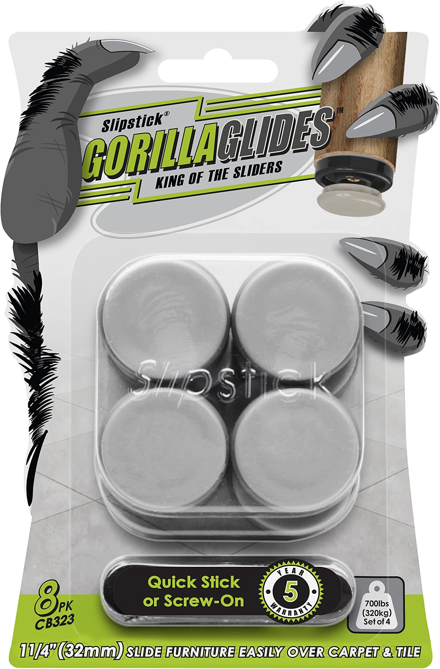 GorillaGlides CB323 1-1/4 Inch Furniture Sliders/Chair Glide Floor Protectors (Set of 8 Glides) Self-Adhesive Screw On Furniture Glides for Low Pile Carpet and Hard Surface Flooring, Round